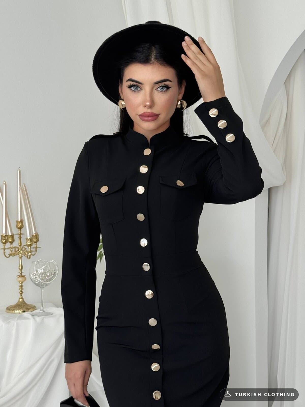 Arqs Midi Dress — Black in Satin – back view, wholesale Women's Dresses from Türkiye
