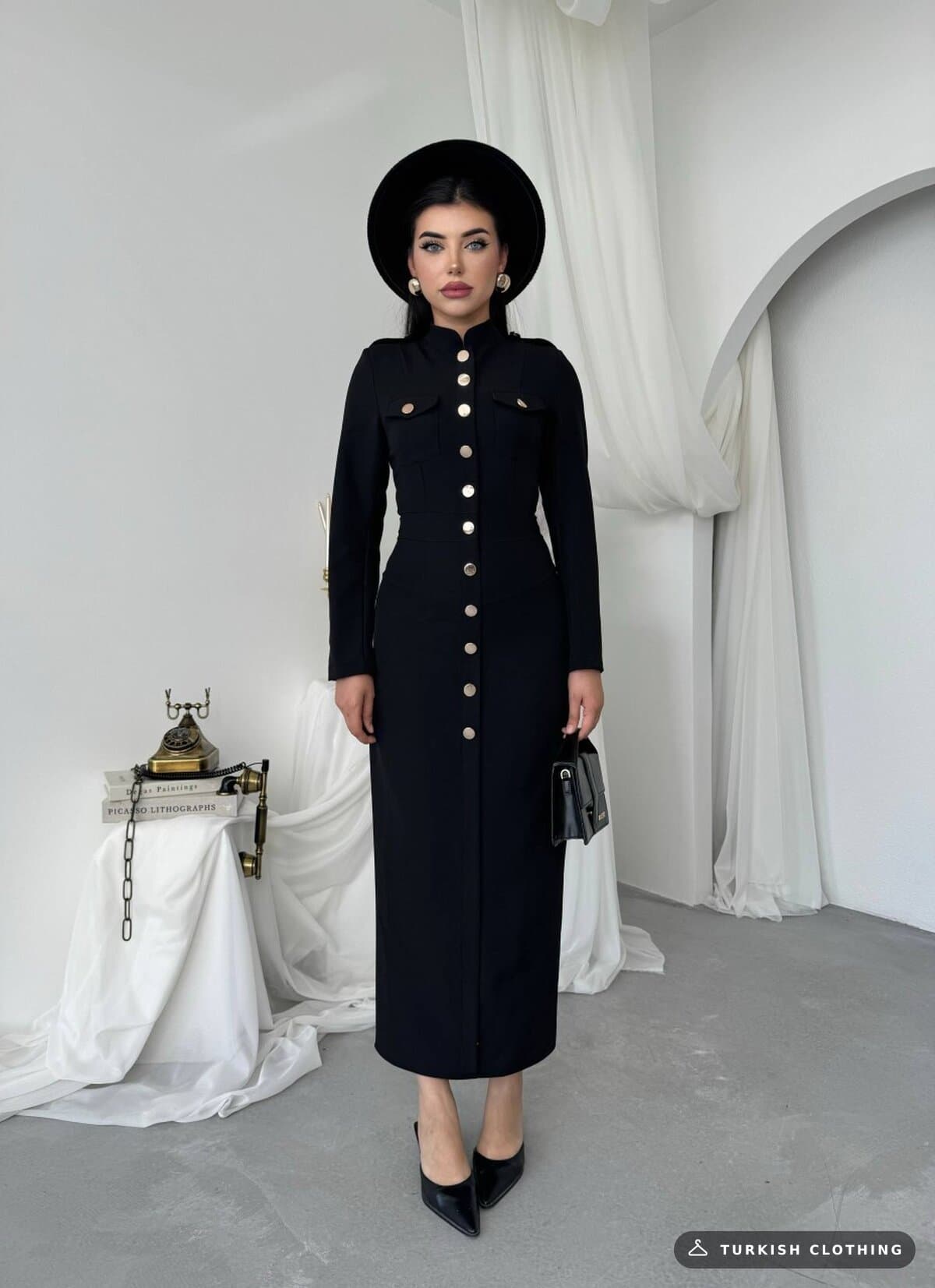 Arqs Midi Dress — Black in Satin – side view, wholesale Women's Dresses from Türkiye