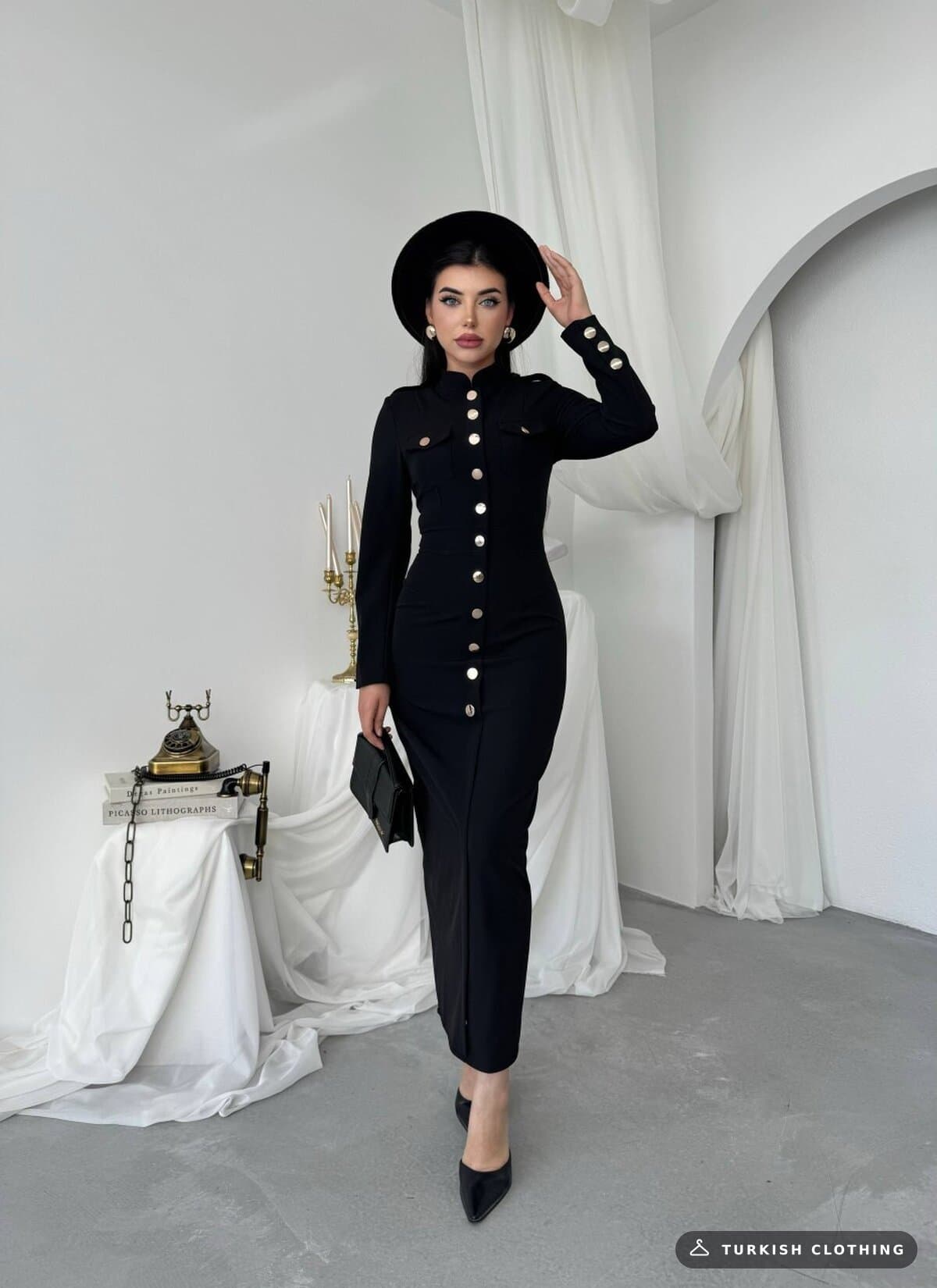 Arqs Midi Dress — Black in Satin – styling detail, wholesale Women's Dresses from Türkiye
