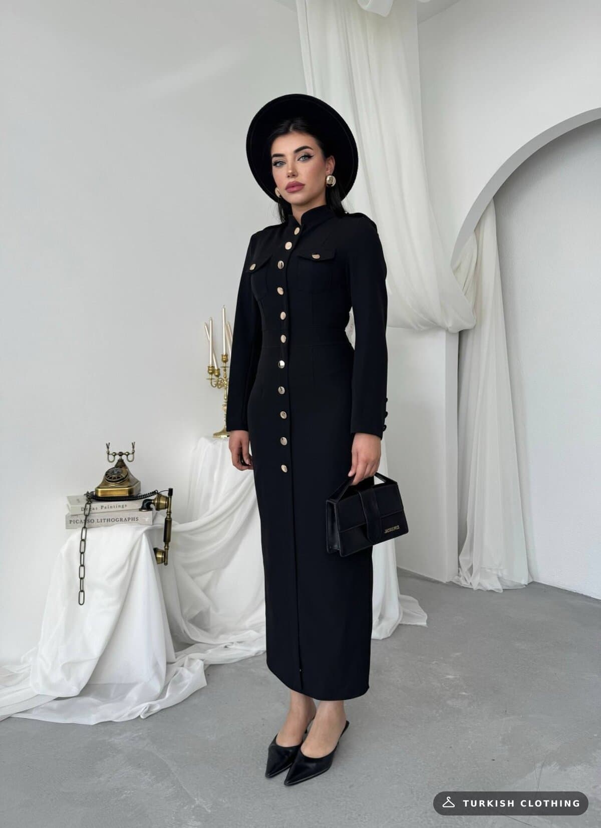 Arqs Midi Dress — Black in Satin – flat lay, wholesale Women's Dresses from Türkiye