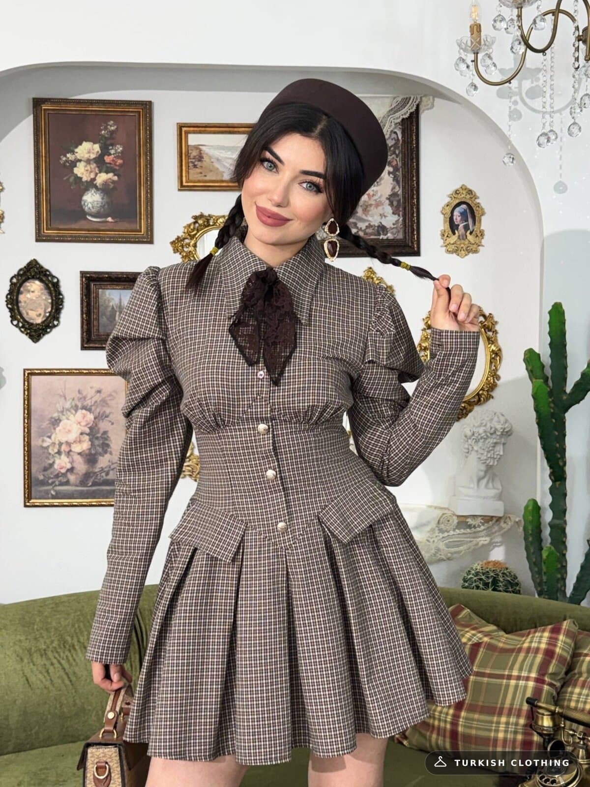 Burne Mini Dress — Brown in Plaid – back view, wholesale Knitwear from Türkiye