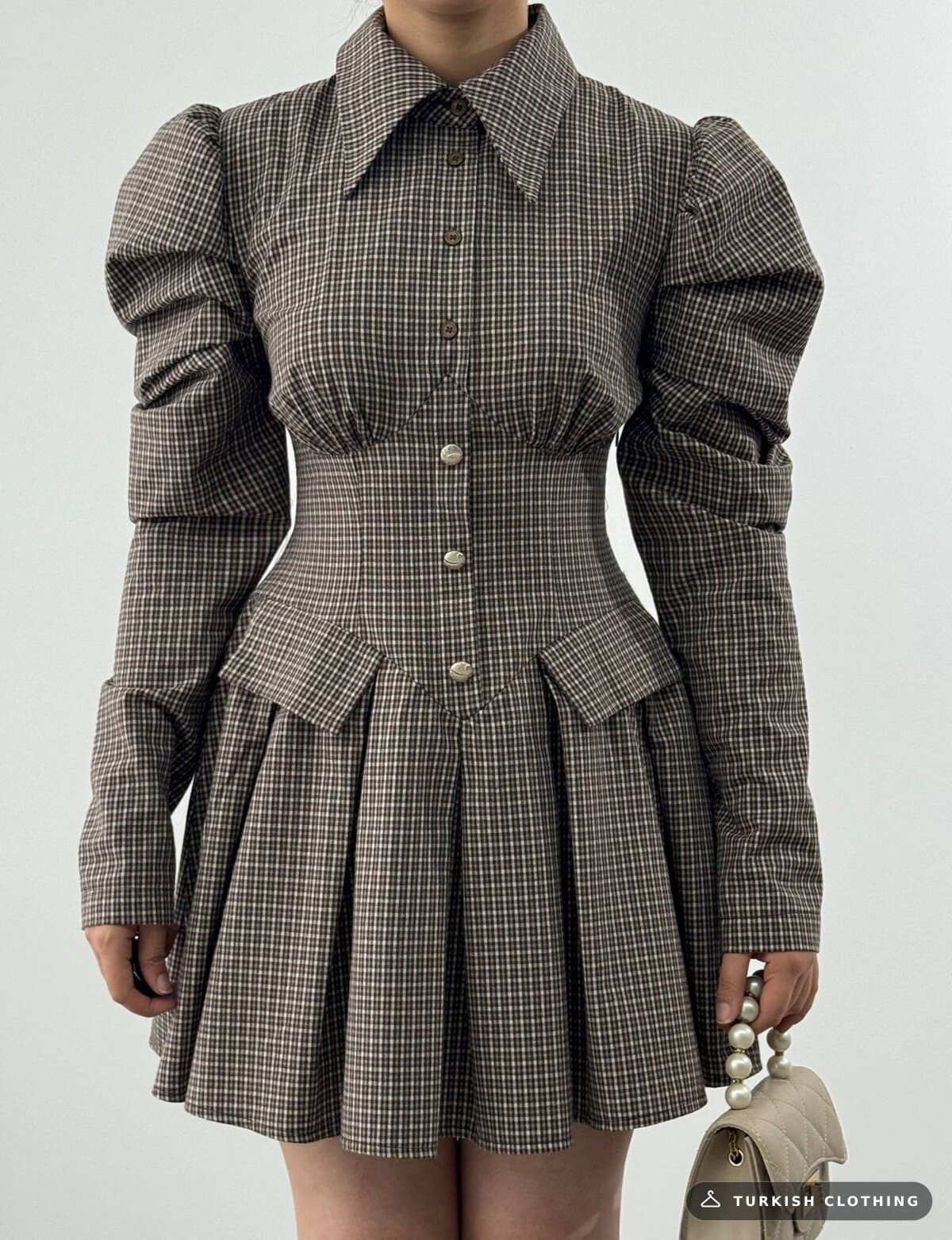 Burne Mini Dress — Brown in Plaid – fabric detail, wholesale Knitwear from Türkiye