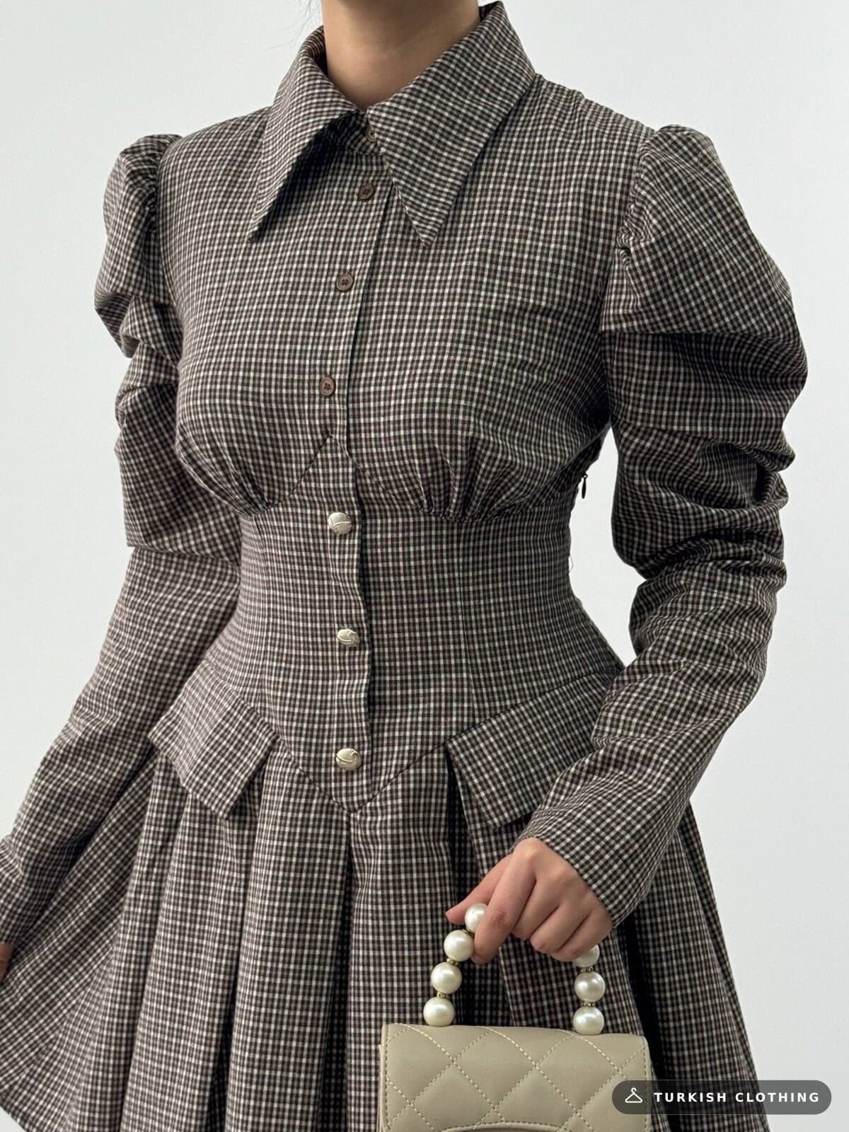 Burne Mini Dress — Brown in Plaid – full-length view, wholesale Knitwear from Türkiye