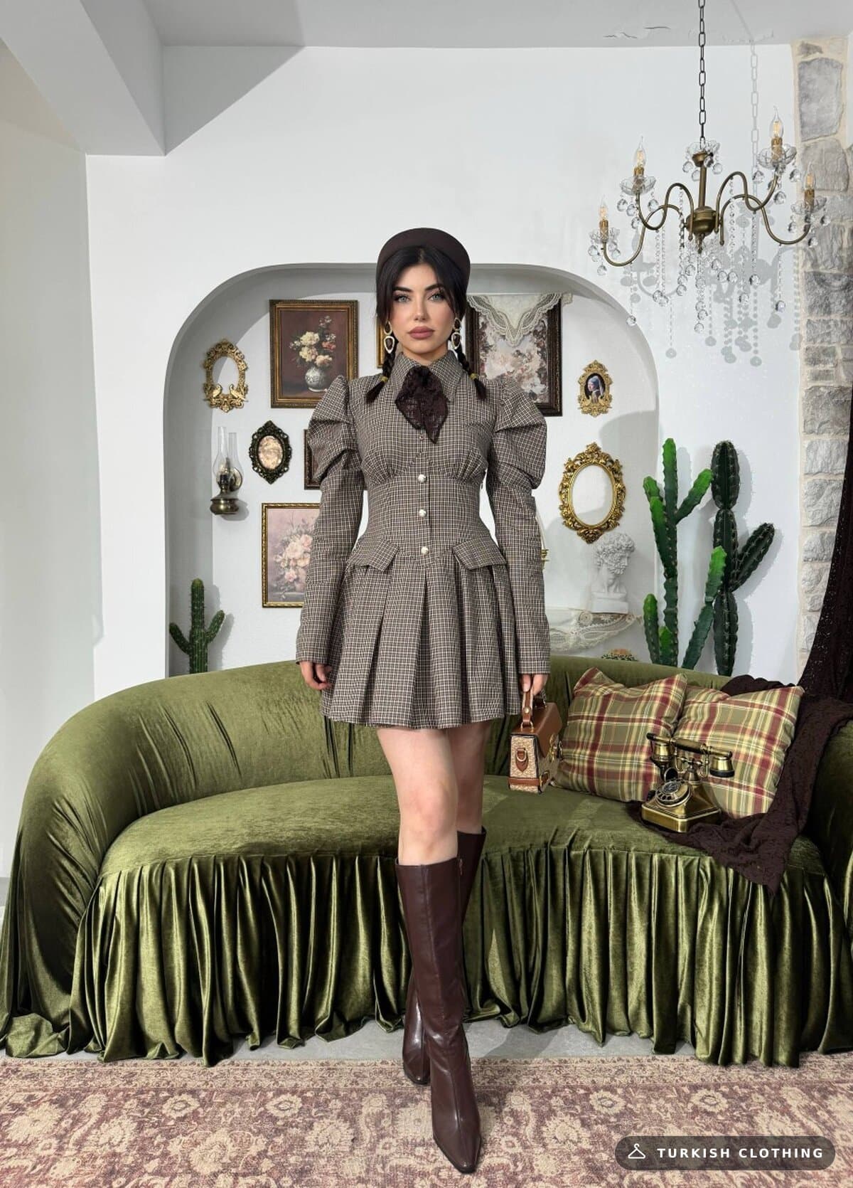 Burne Mini Dress — Brown in Plaid – side view, wholesale Knitwear from Türkiye