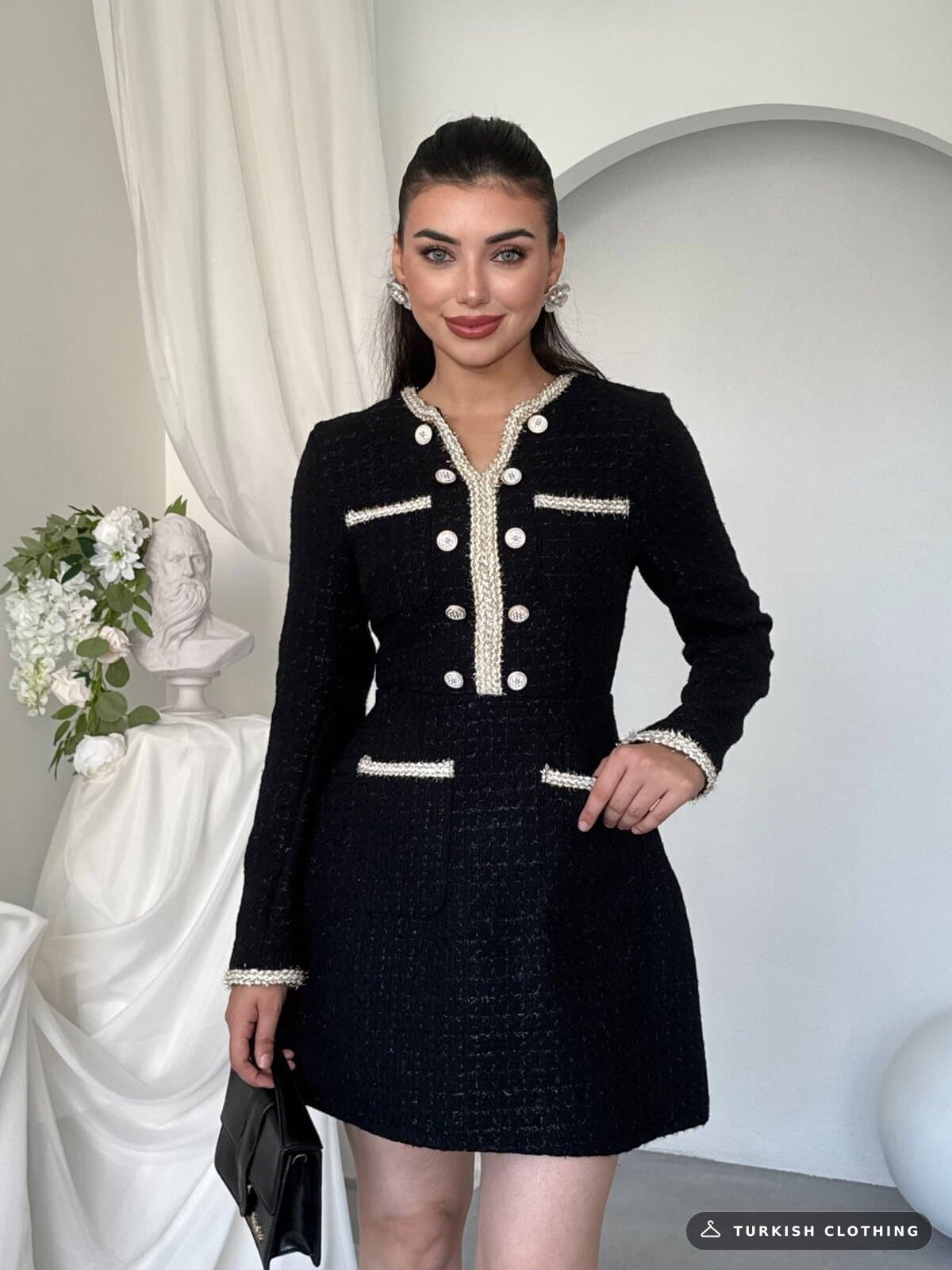 Cernas Pocket Detailed Dress — Black in Chanel – back view, wholesale Women's Dresses from Türkiye