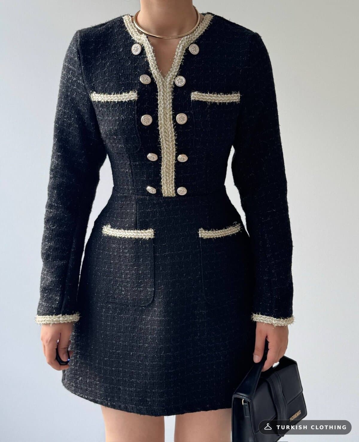Cernas Pocket Detailed Dress — Black in Chanel – fabric detail, wholesale Women's Dresses from Türkiye