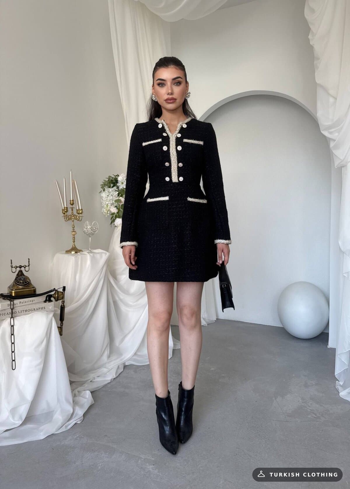 Cernas Pocket Detailed Dress — Black in Chanel – side view, wholesale Women's Dresses from Türkiye