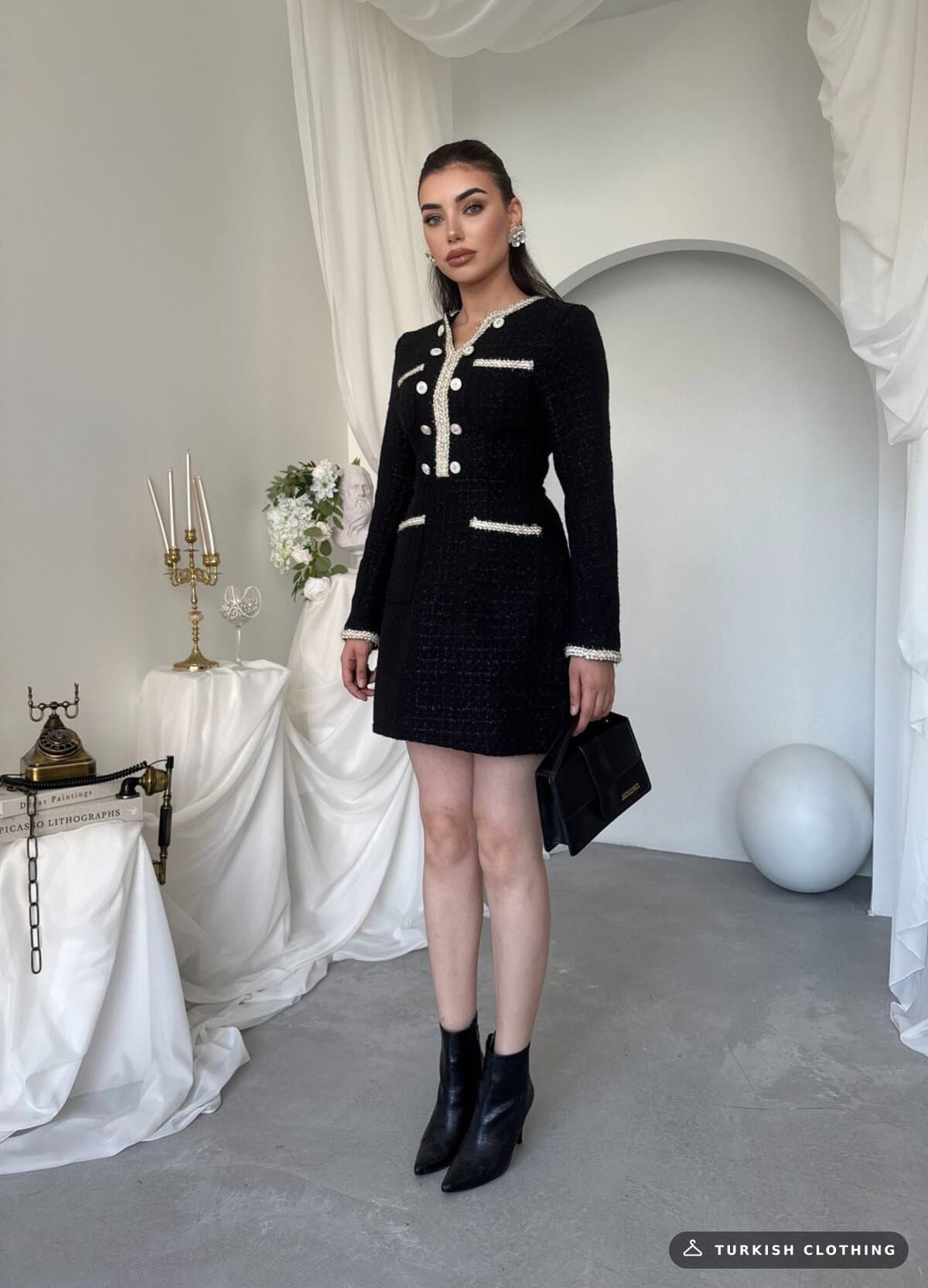 Cernas Pocket Detailed Dress — Black in Chanel – flat lay, wholesale Women's Dresses from Türkiye