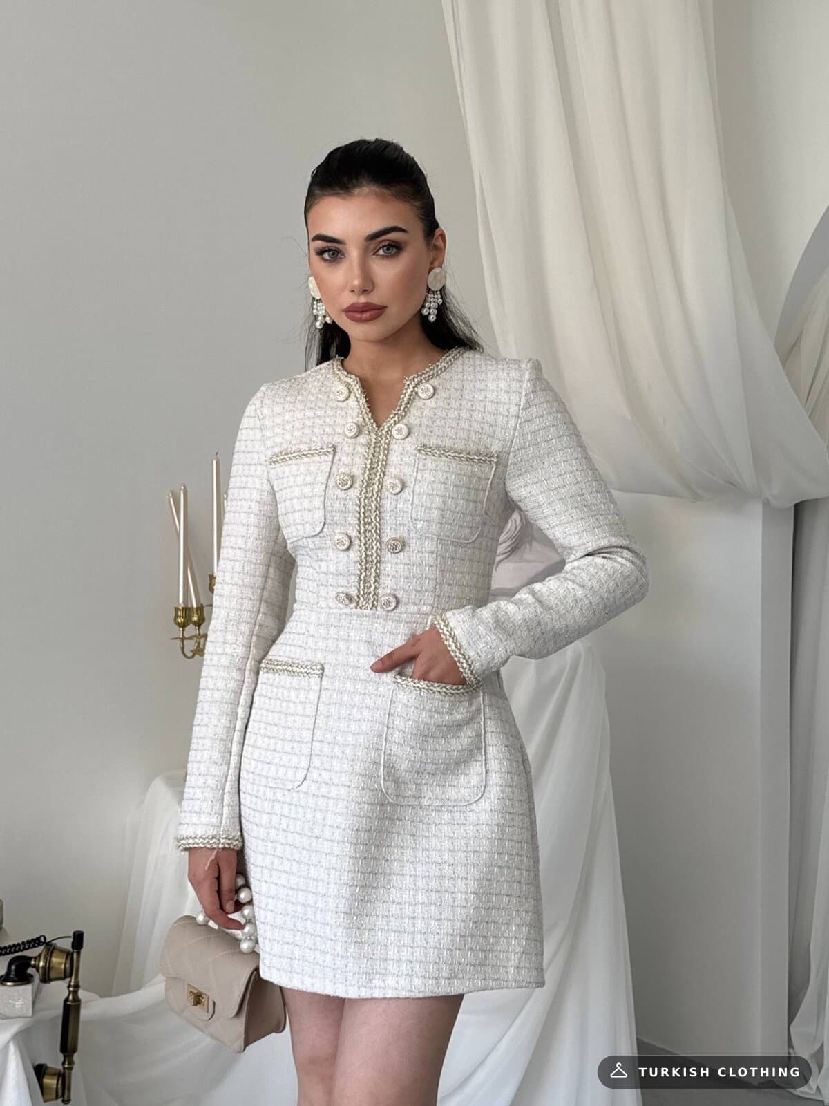 Cernas Pocket Detailed Dress — Ecru in Chanel – back view, wholesale Women's Dresses from Türkiye