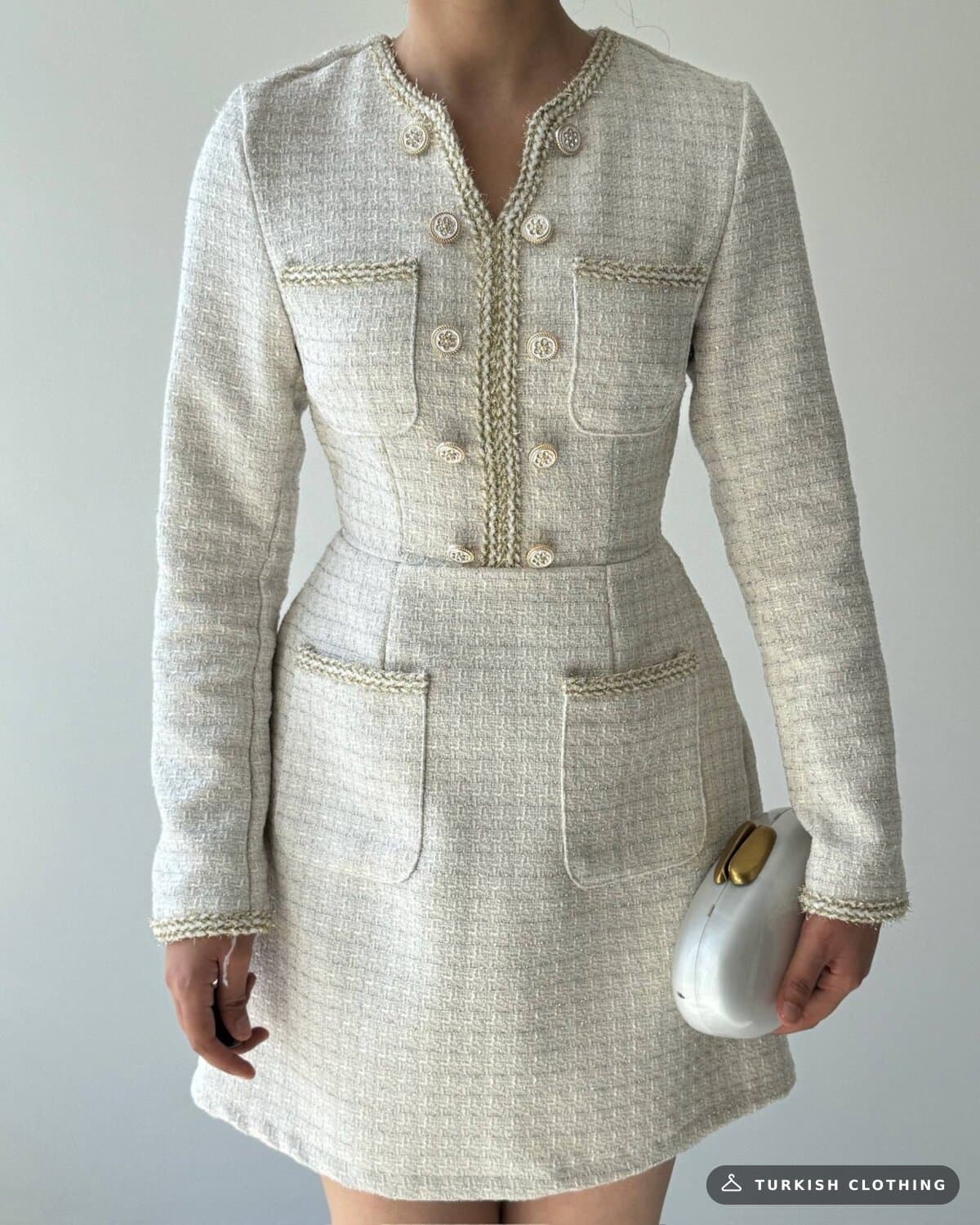 Cernas Pocket Detailed Dress — Ecru in Chanel – fabric detail, wholesale Women's Dresses from Türkiye