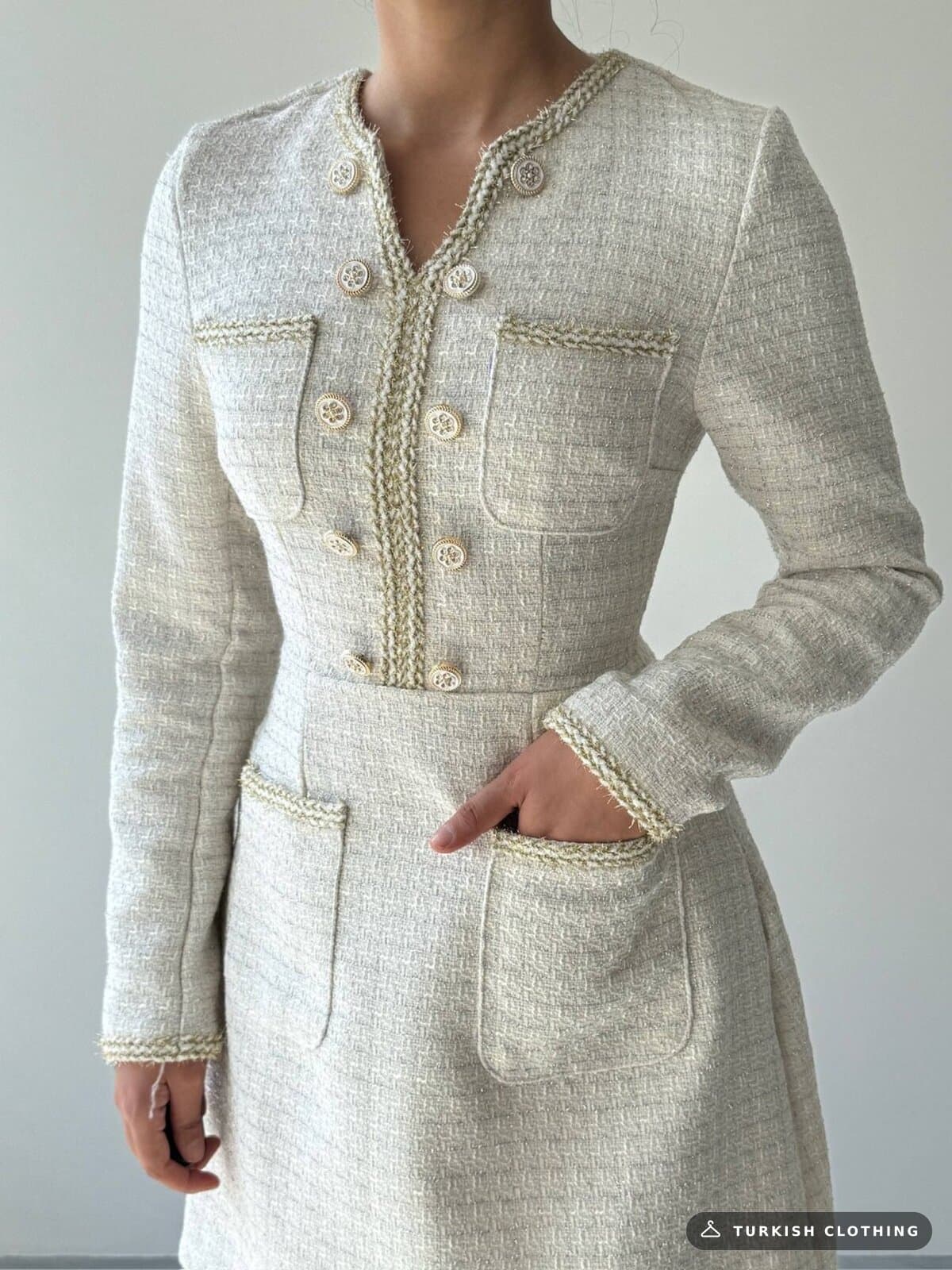 Cernas Pocket Detailed Dress — Ecru in Chanel – full-length view, wholesale Women's Dresses from Türkiye