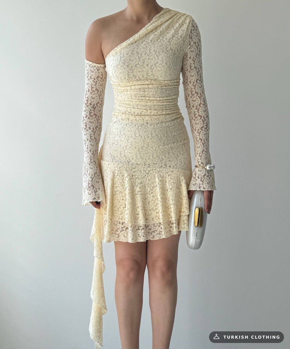 Desam Mini Dress — Beige in Lace – back view, wholesale Women's Dresses from Türkiye