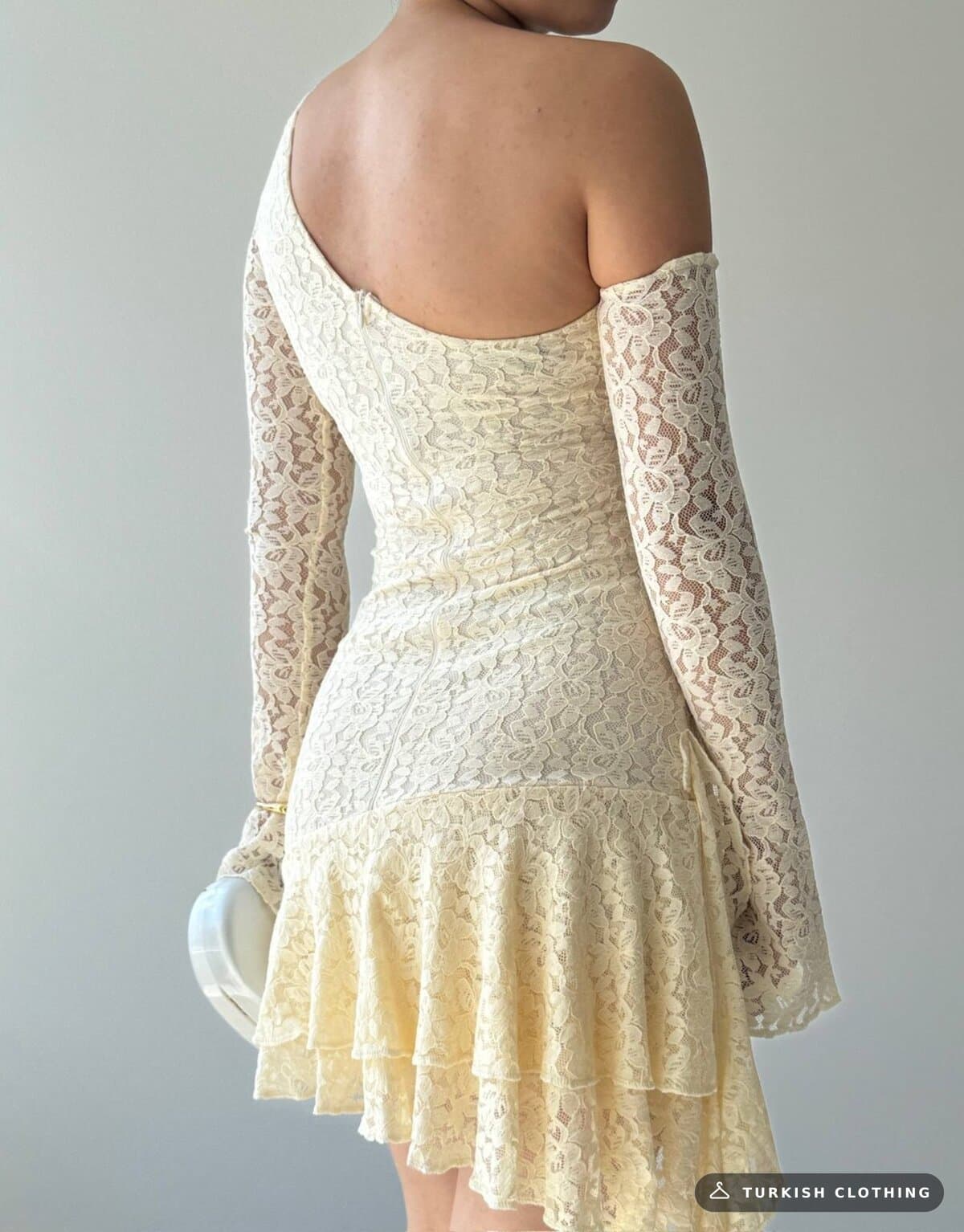 Desam Mini Dress — Beige in Lace – fabric detail, wholesale Women's Dresses from Türkiye