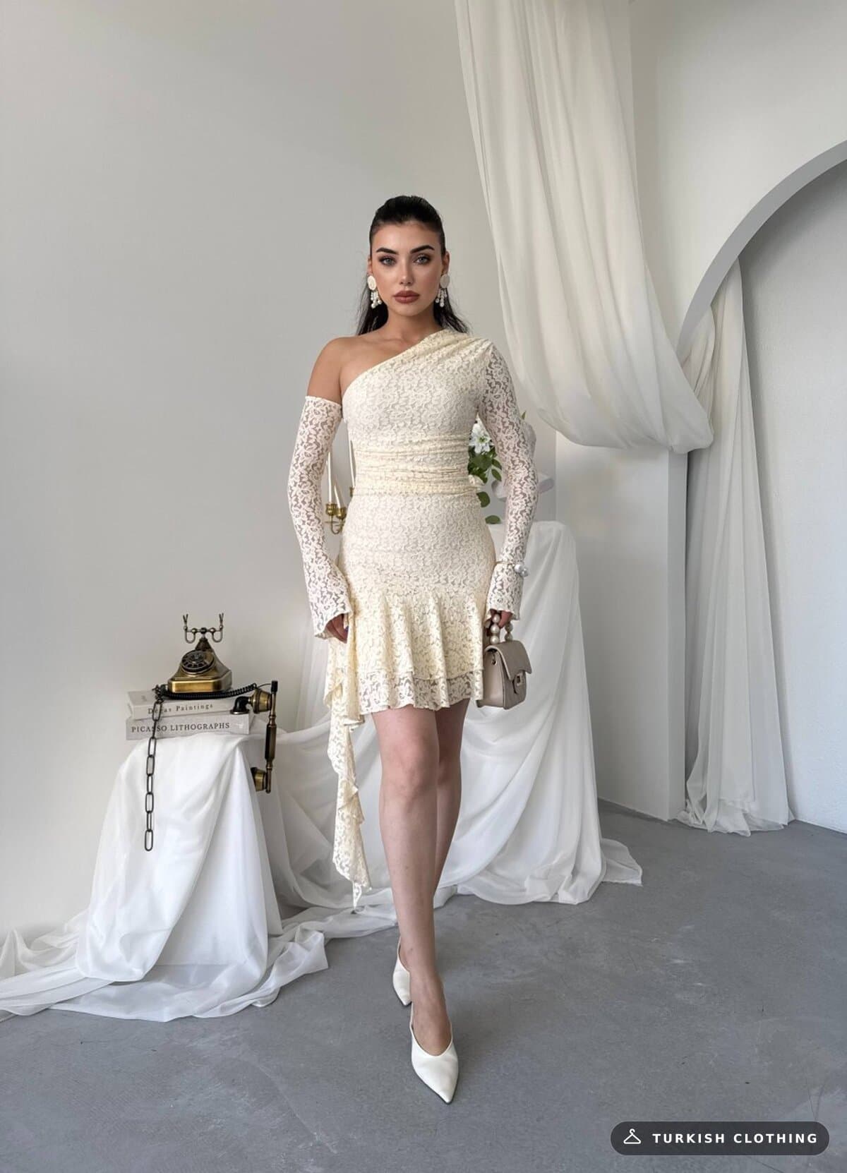 Desam Mini Dress — Beige in Lace – full-length view, wholesale Women's Dresses from Türkiye