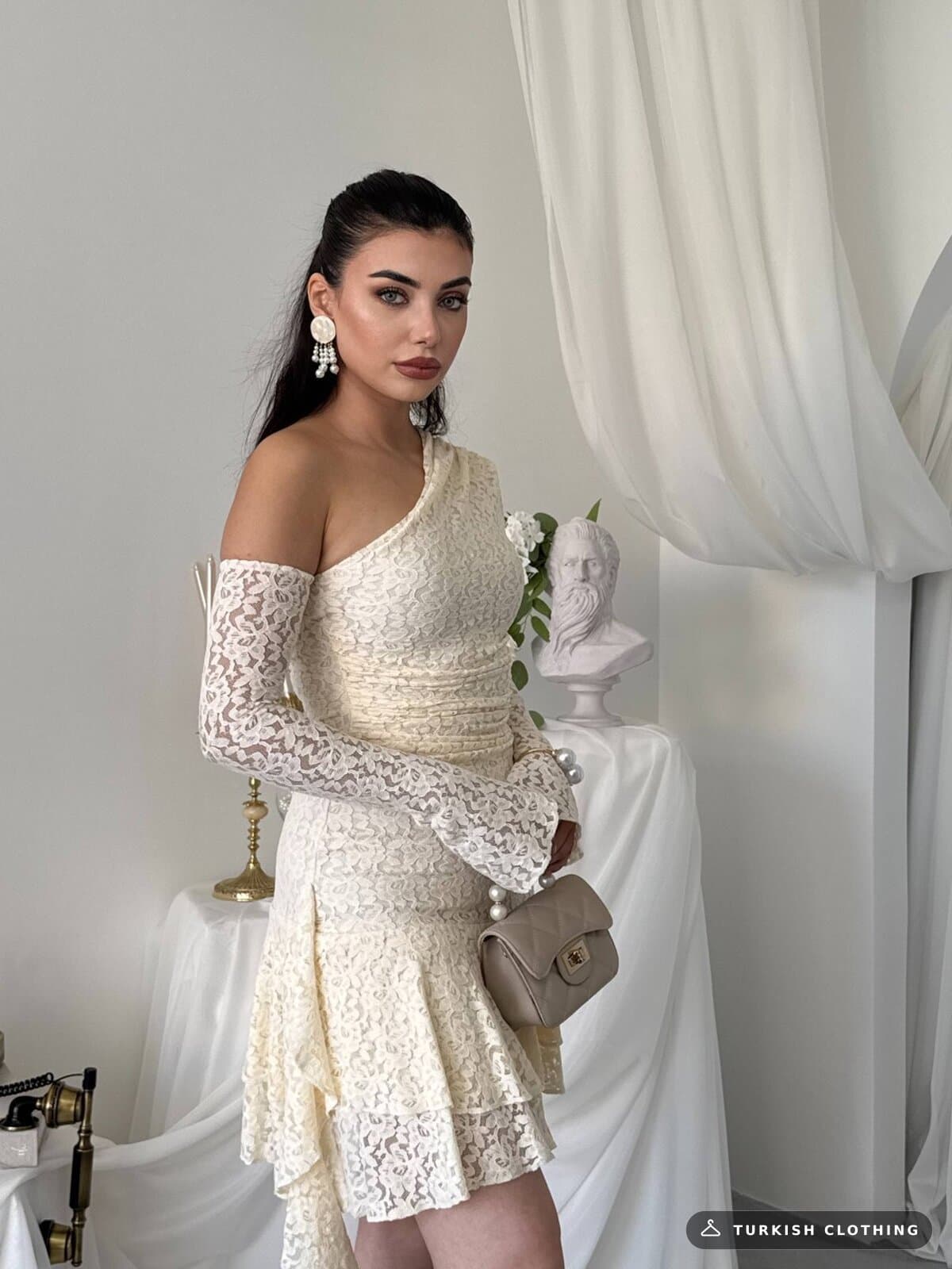 Desam Mini Dress — Beige in Lace – side view, wholesale Women's Dresses from Türkiye