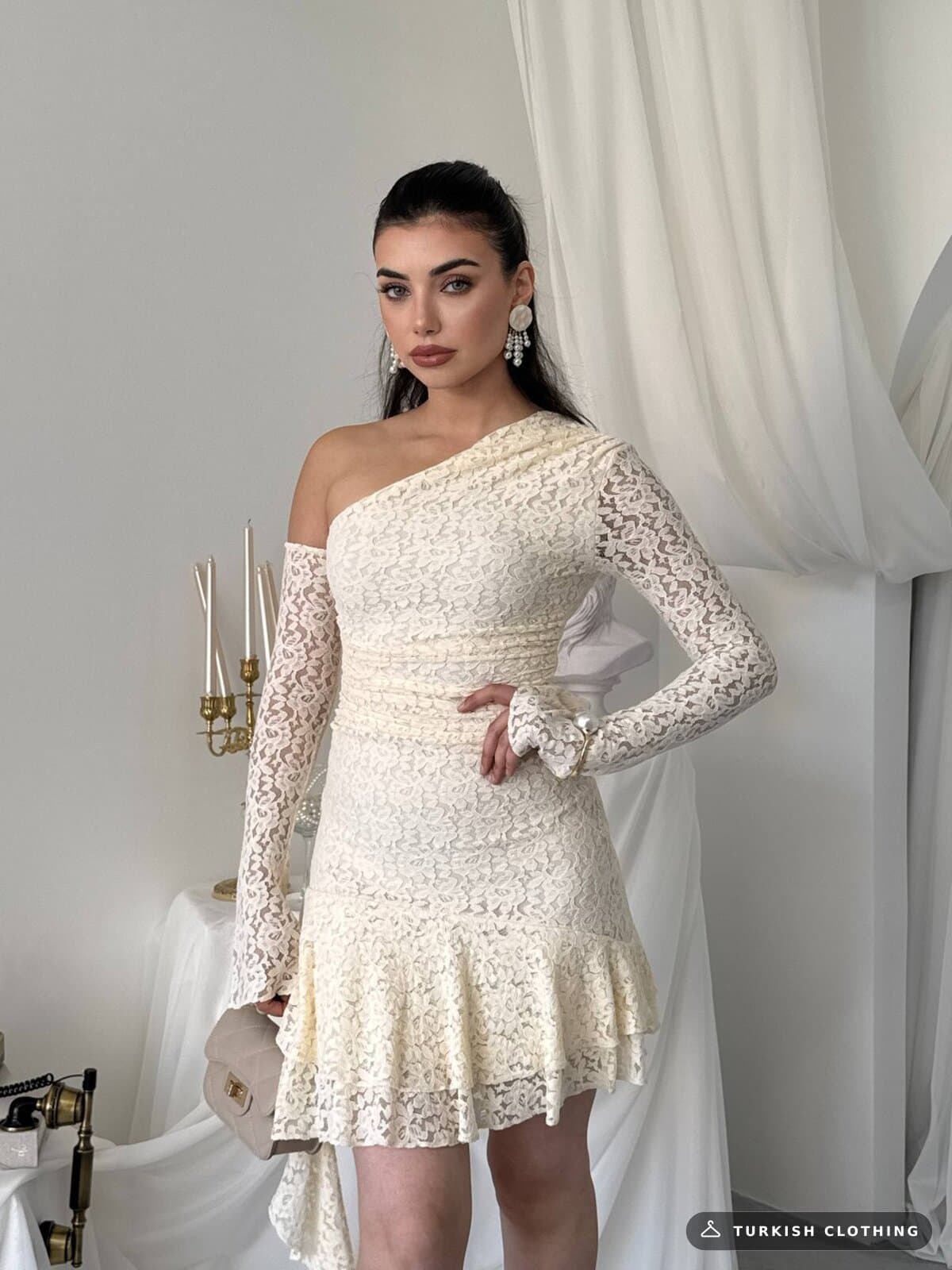 Desam Mini Dress — Beige in Lace – close-up detail, wholesale Women's Dresses from Türkiye