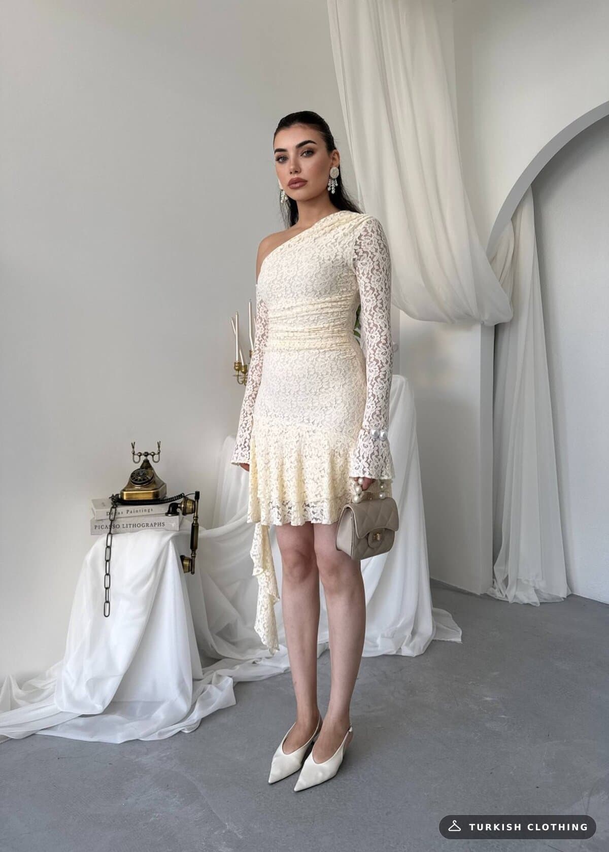 Desam Mini Dress — Beige in Lace – flat lay, wholesale Women's Dresses from Türkiye