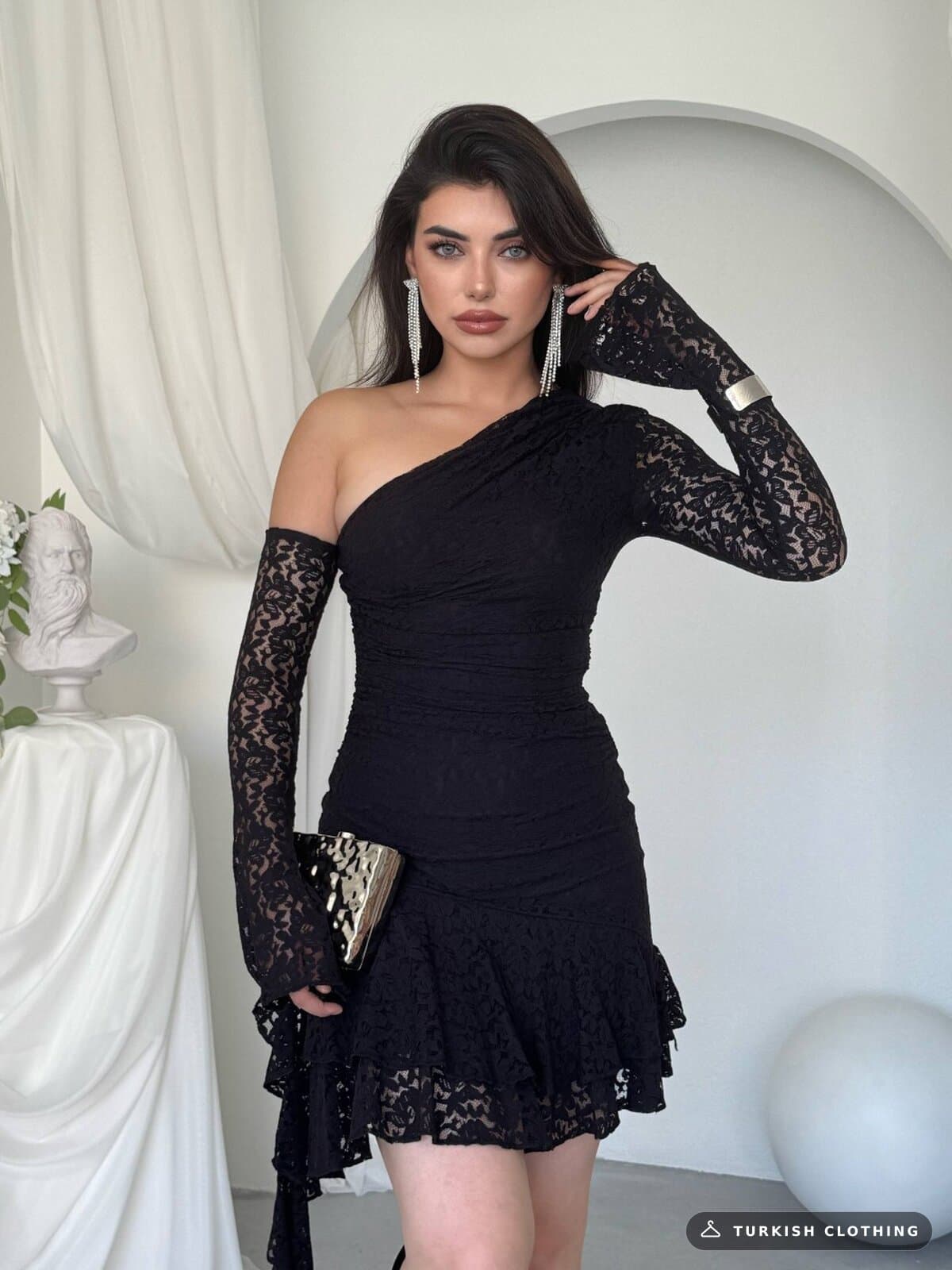 Desam Mini Dress — Black in Lace – back view, wholesale Women's Dresses from Türkiye