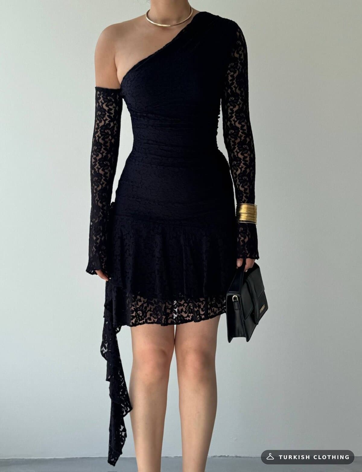 Desam Mini Dress — Black in Lace – fabric detail, wholesale Women's Dresses from Türkiye