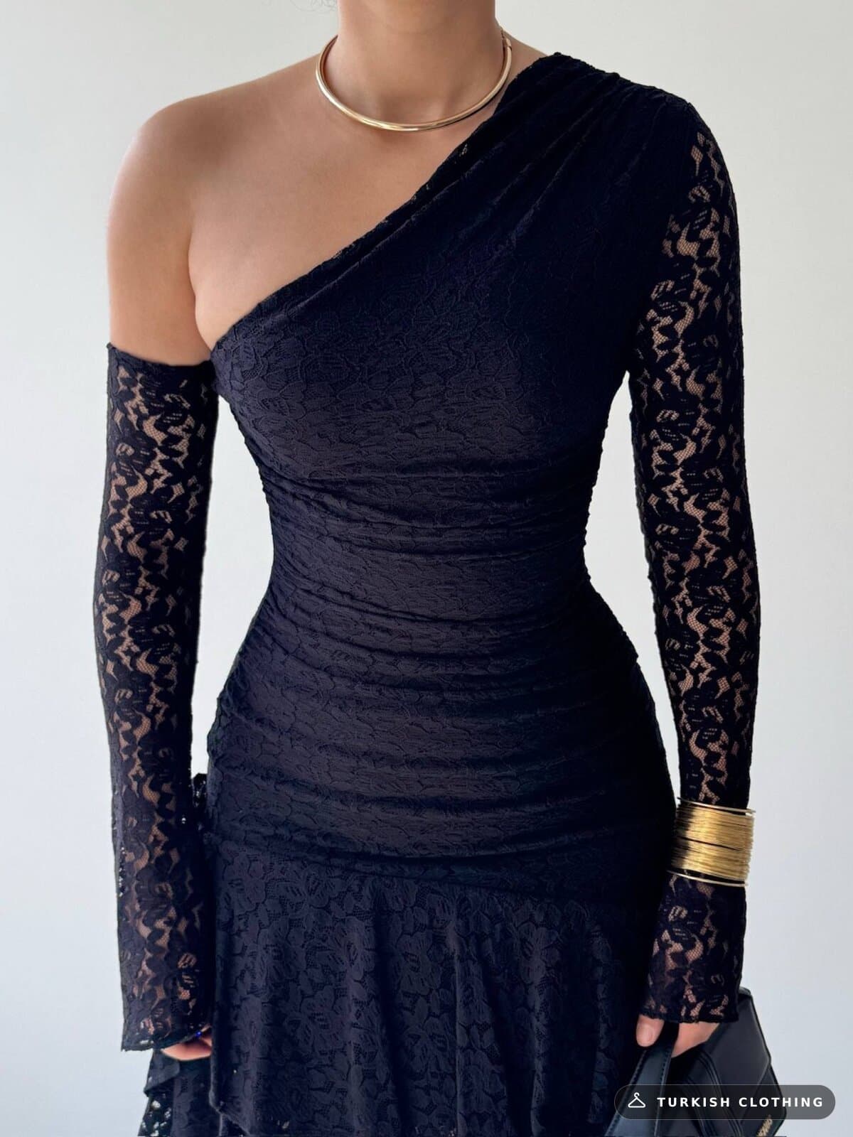 Desam Mini Dress — Black in Lace – full-length view, wholesale Women's Dresses from Türkiye