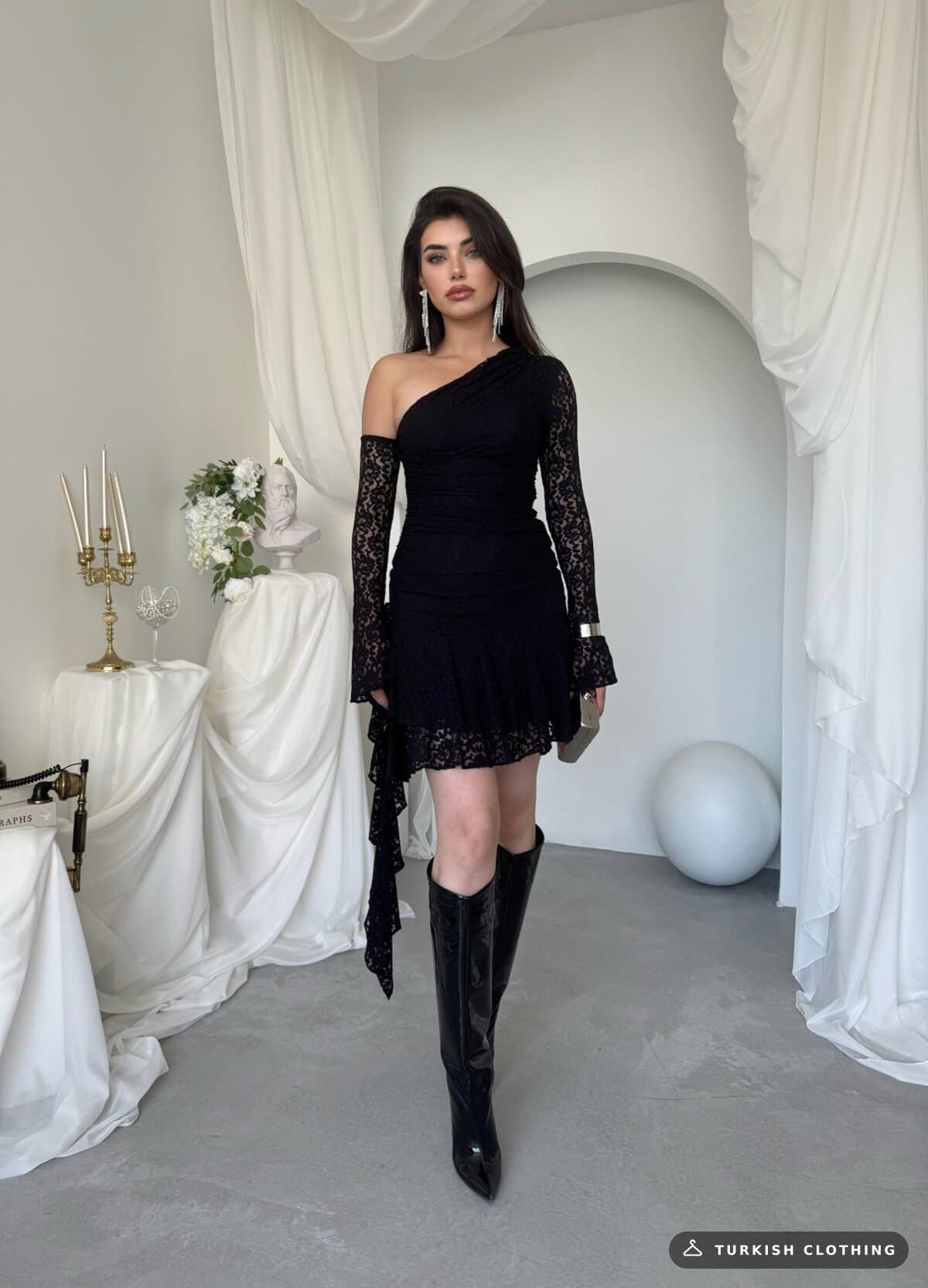 Desam Mini Dress — Black in Lace – side view, wholesale Women's Dresses from Türkiye