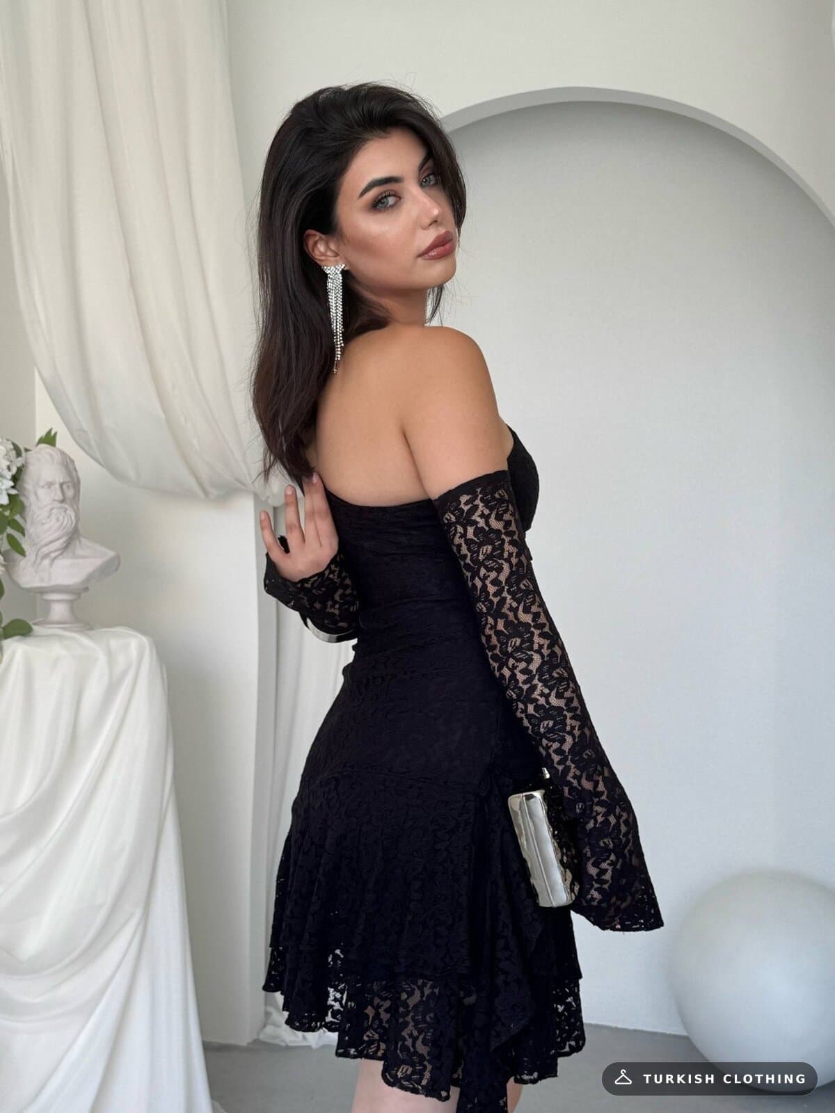 Desam Mini Dress — Black in Lace – styling detail, wholesale Women's Dresses from Türkiye