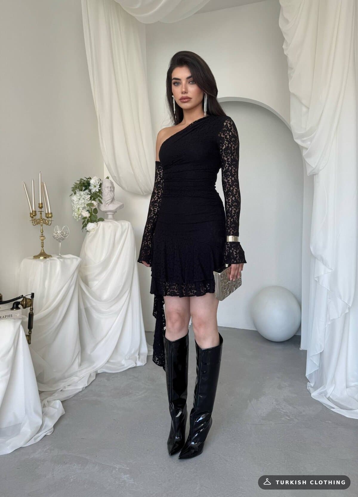 Desam Mini Dress — Black in Lace – close-up detail, wholesale Women's Dresses from Türkiye