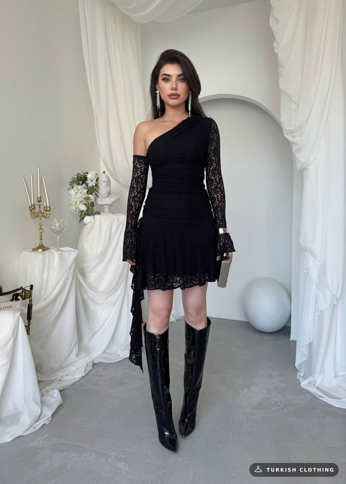 Desam Mini Dress — Black in Lace – flat lay, wholesale Women's Dresses from Türkiye