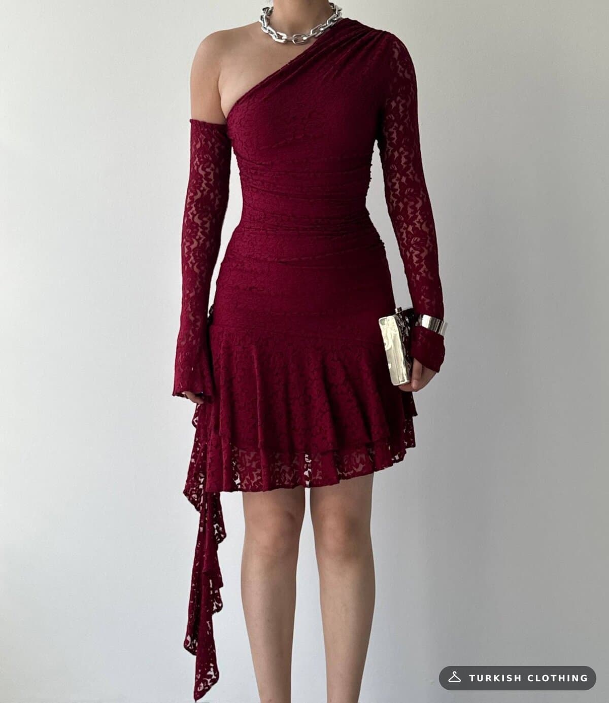 Desam Mini Dress — Burgundy in Lace – back view, wholesale Women's Dresses from Türkiye