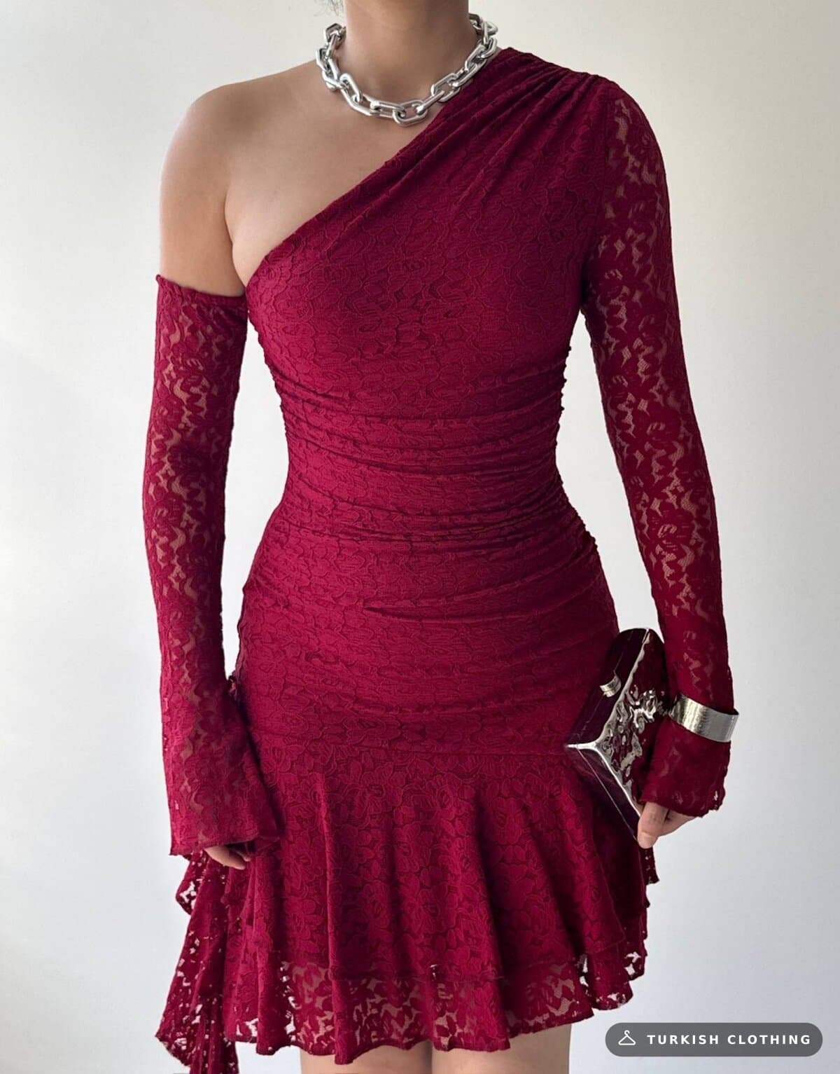 Desam Mini Dress — Burgundy in Lace – fabric detail, wholesale Women's Dresses from Türkiye
