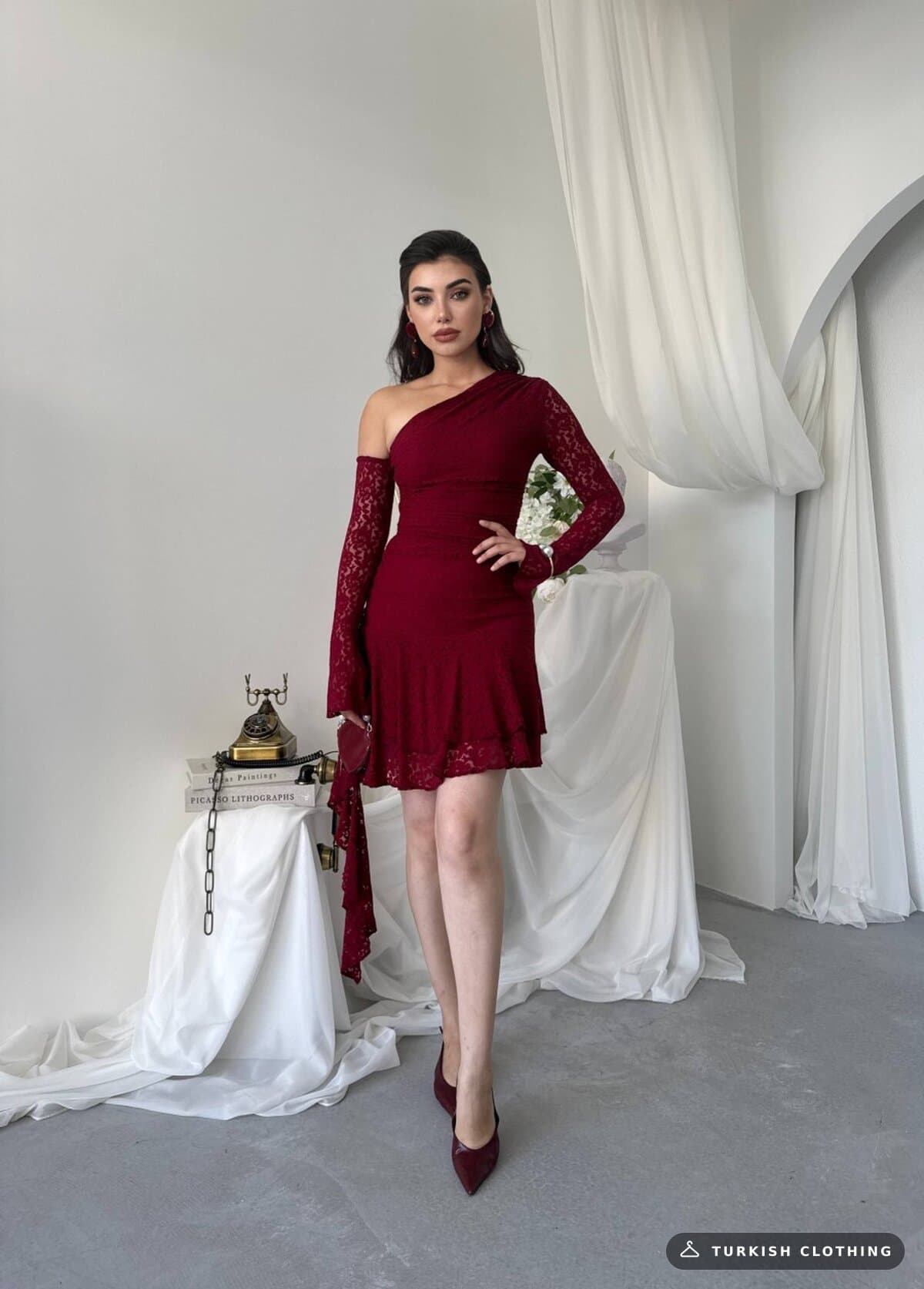 Desam Mini Dress — Burgundy in Lace – full-length view, wholesale Women's Dresses from Türkiye