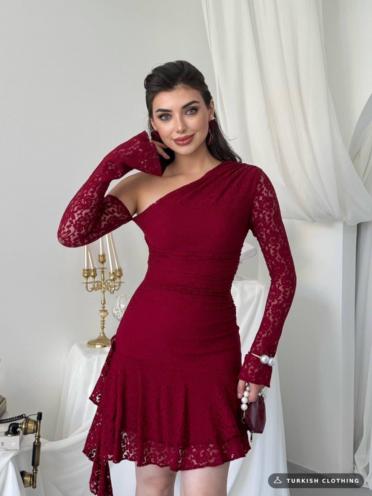 Desam Mini Dress — Burgundy in Lace – close-up detail, wholesale Women's Dresses from Türkiye