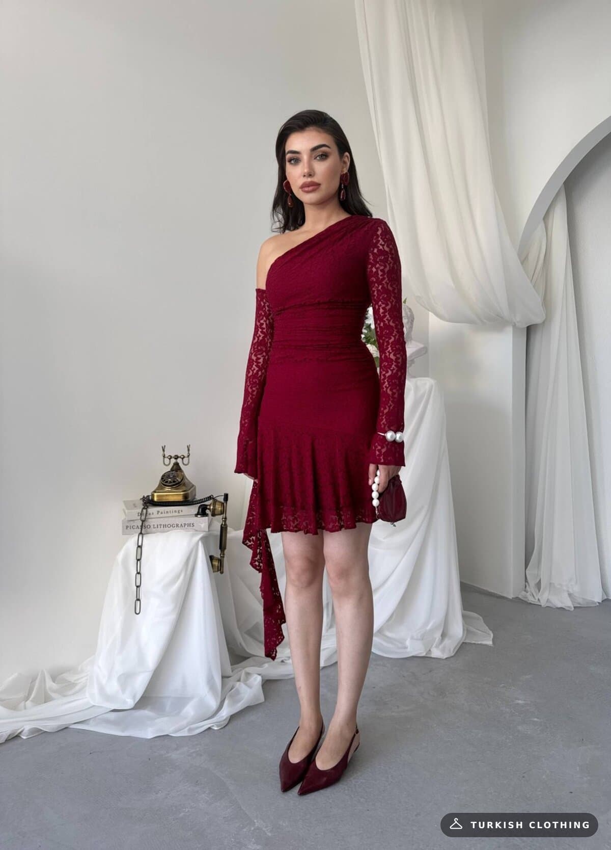 Desam Mini Dress — Burgundy in Lace – flat lay, wholesale Women's Dresses from Türkiye