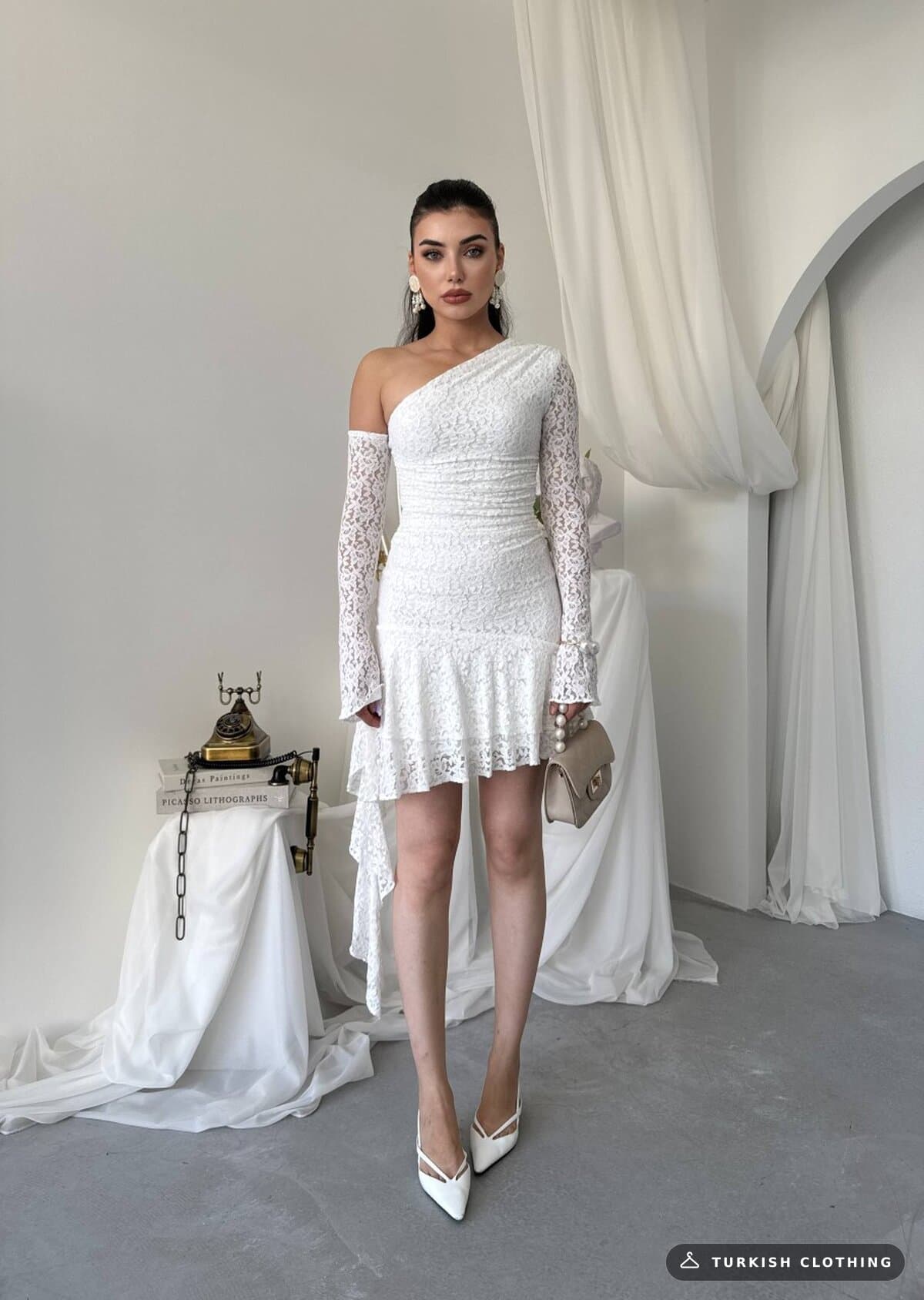 Desam Mini Dress — Ecru in Lace – full-length view, wholesale Women's Dresses from Türkiye
