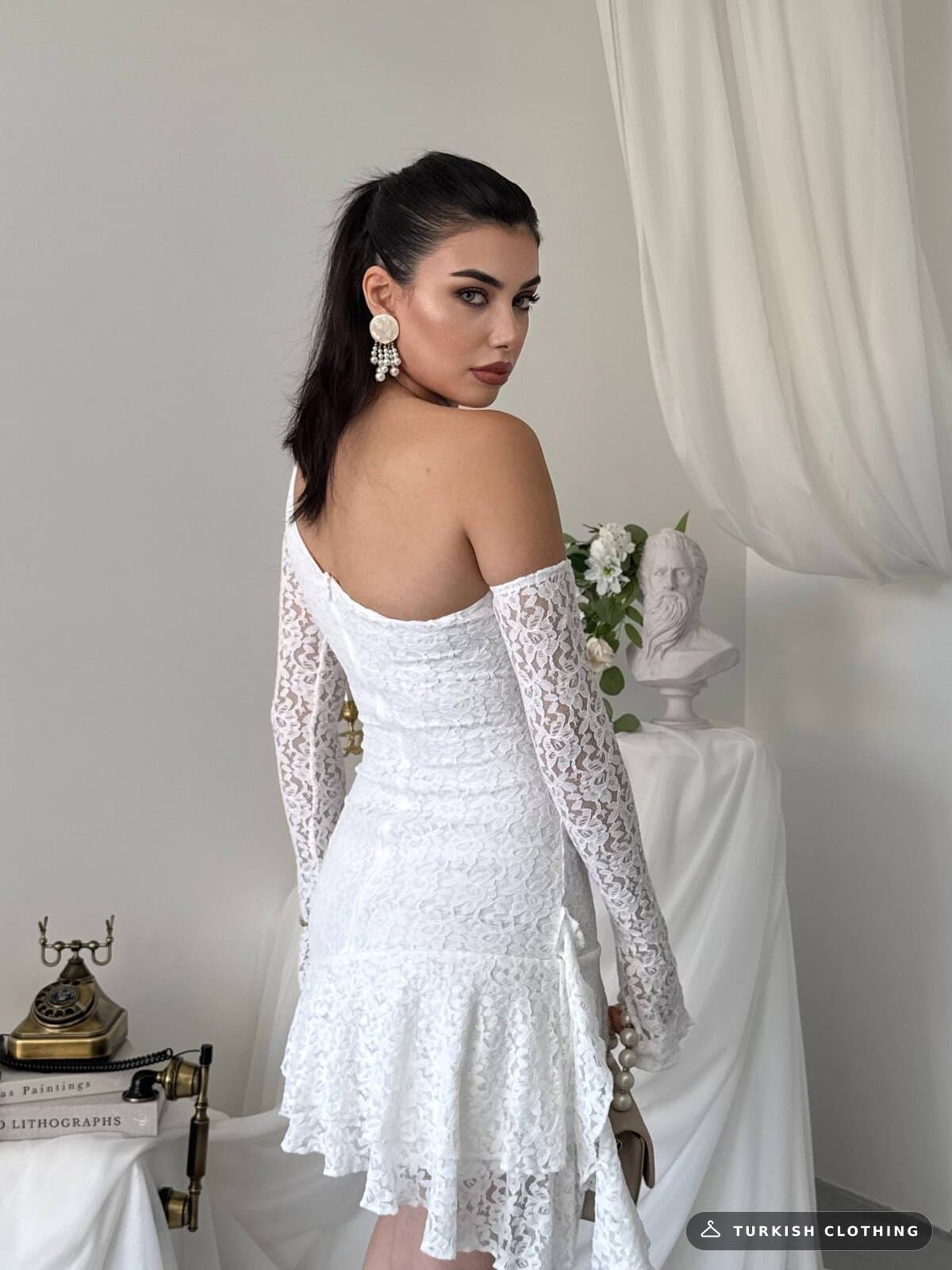 Desam Mini Dress — Ecru in Lace – side view, wholesale Women's Dresses from Türkiye