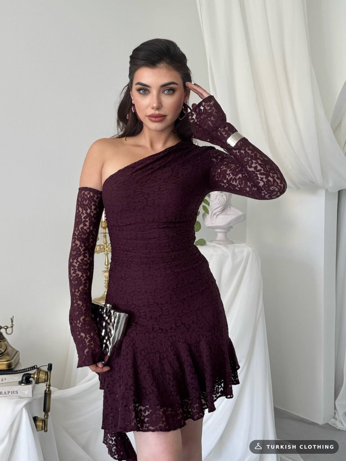 Desam Mini Dress — Plum in Lace – back view, wholesale Women's Dresses from Türkiye