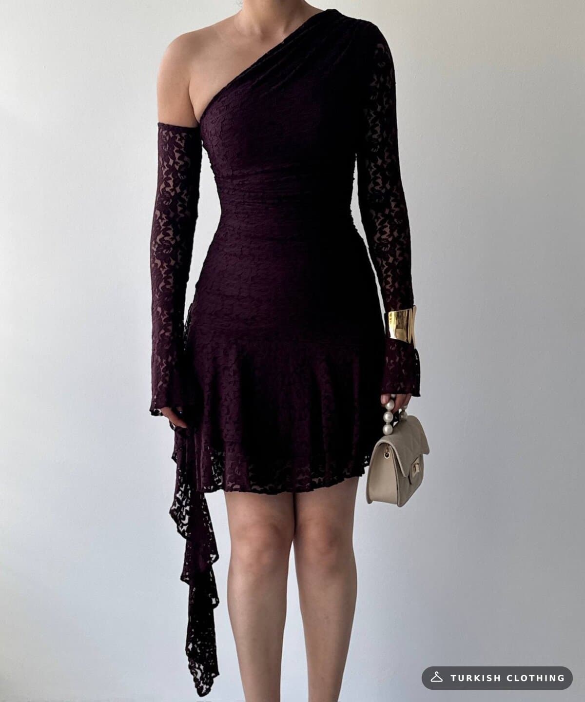 Desam Mini Dress — Plum in Lace – fabric detail, wholesale Women's Dresses from Türkiye