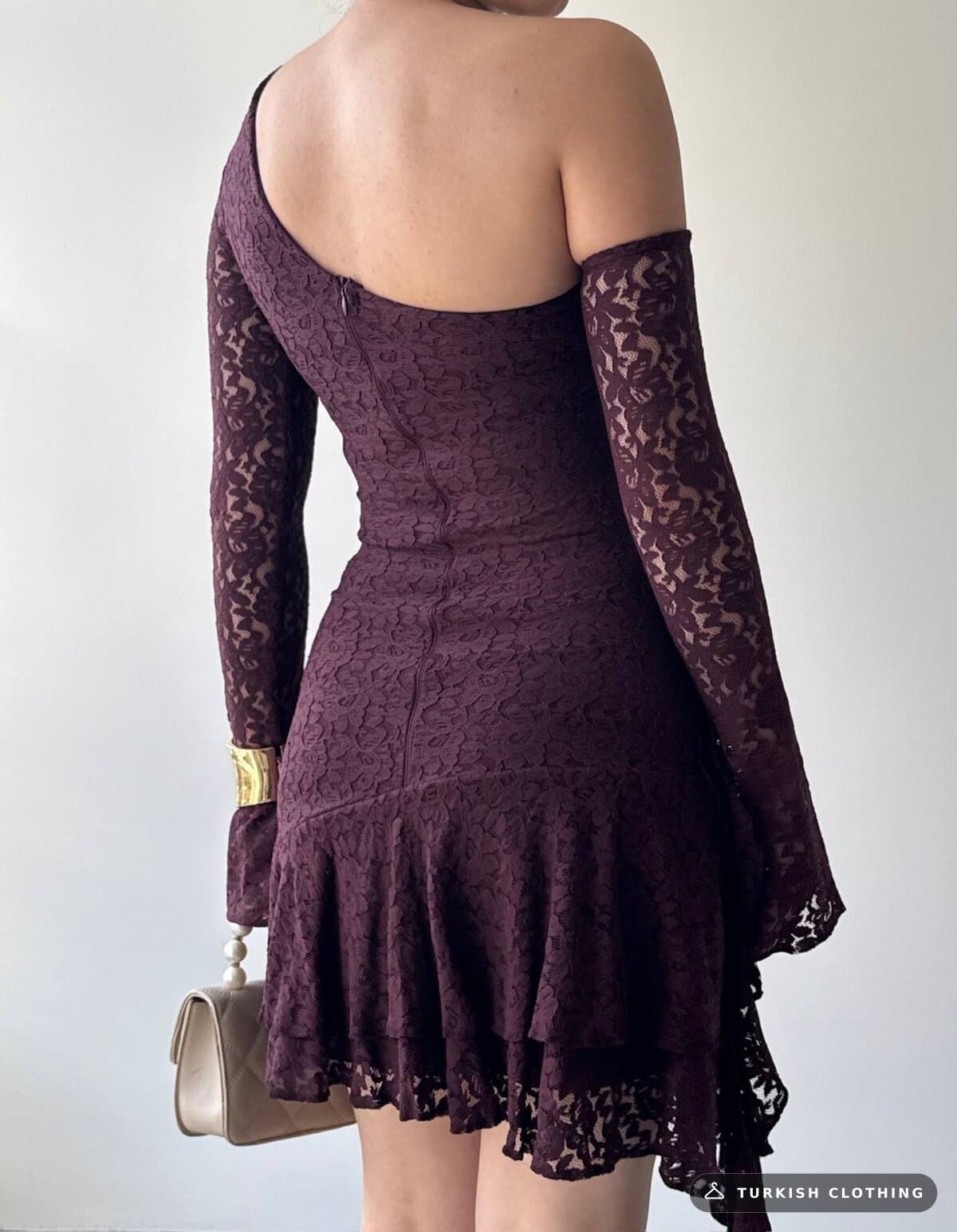 Desam Mini Dress — Plum in Lace – full-length view, wholesale Women's Dresses from Türkiye