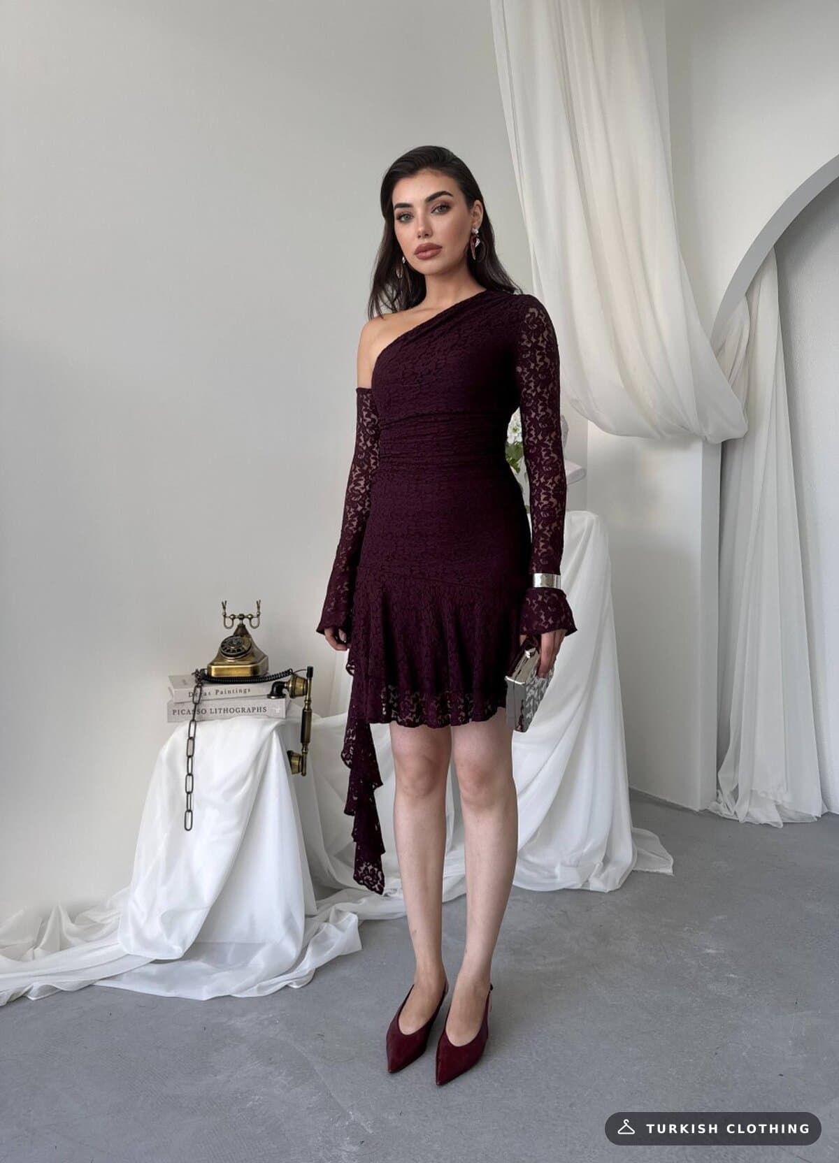 Desam Mini Dress — Plum in Lace – styling detail, wholesale Women's Dresses from Türkiye