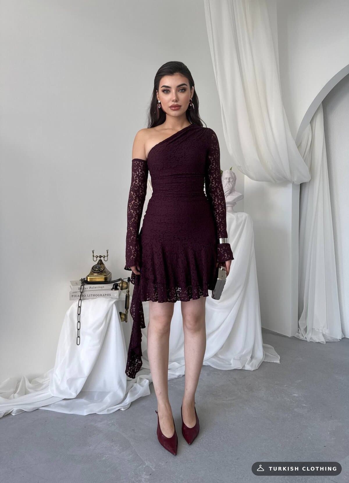 Desam Mini Dress — Plum in Lace – flat lay, wholesale Women's Dresses from Türkiye