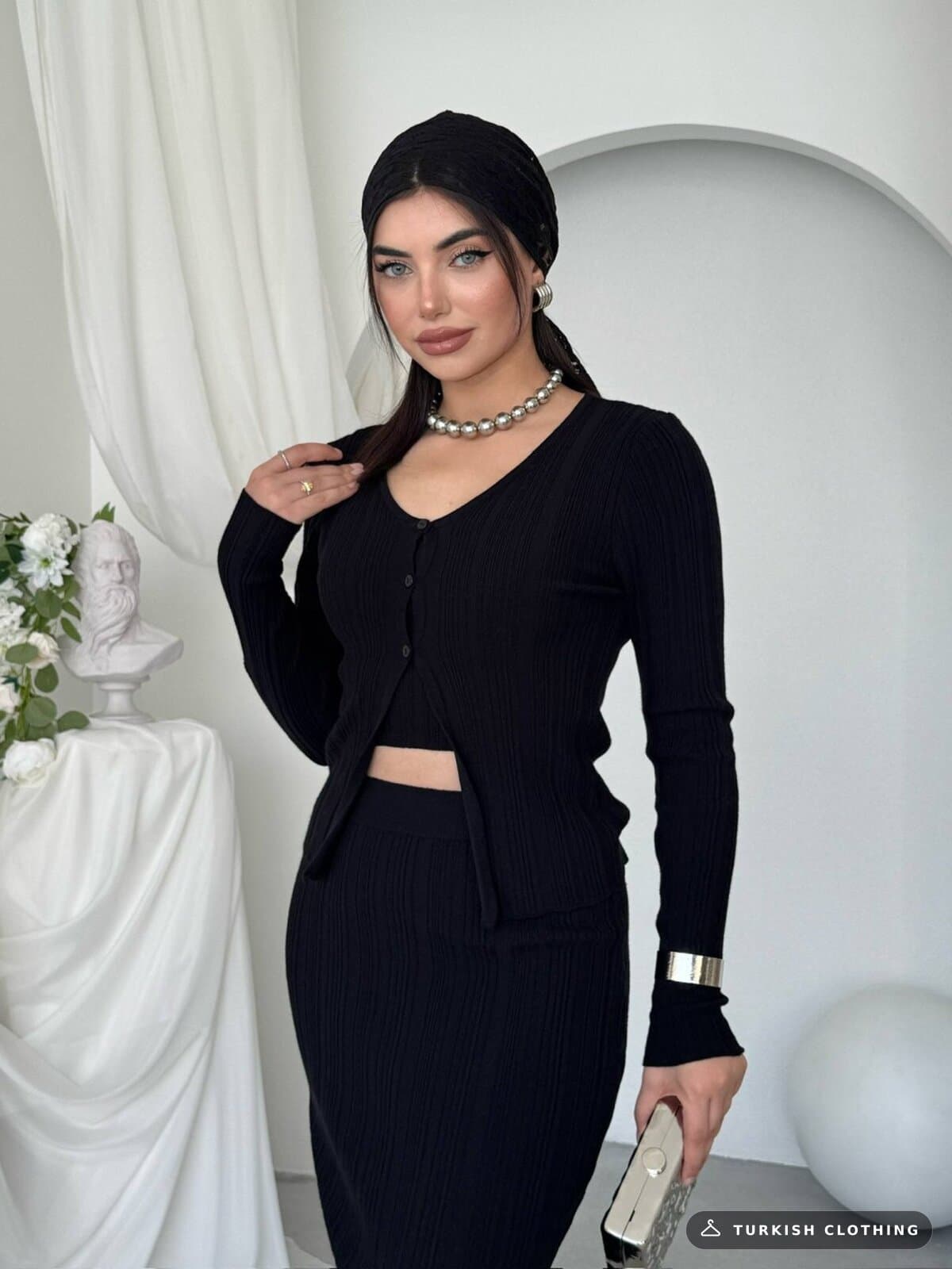 Fersa Triple Team — Black in Knitwear – close-up detail, wholesale Women's Dresses from Türkiye