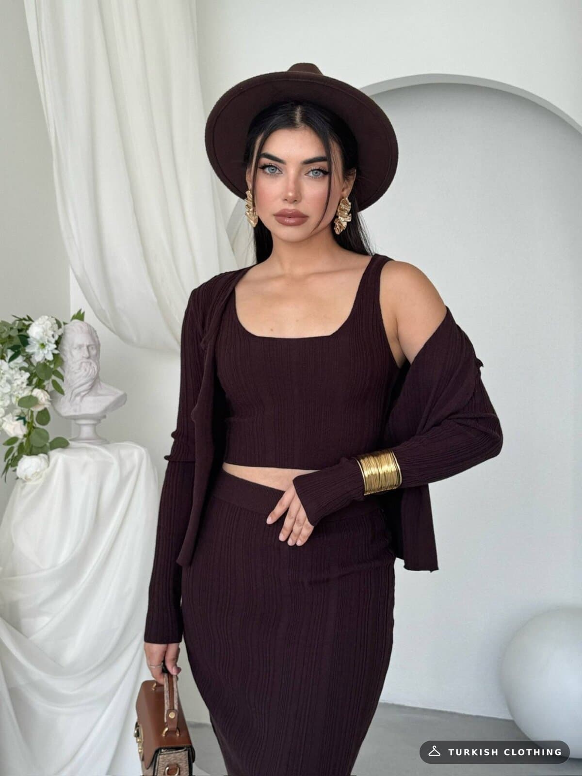 Fersa Triple Team — Brown in Knitwear – fabric detail, wholesale Women's Dresses from Türkiye
