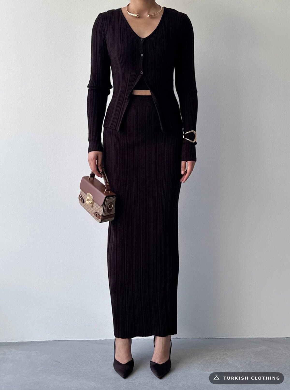 Fersa Triple Team — Brown in Knitwear – full-length view, wholesale Women's Dresses from Türkiye