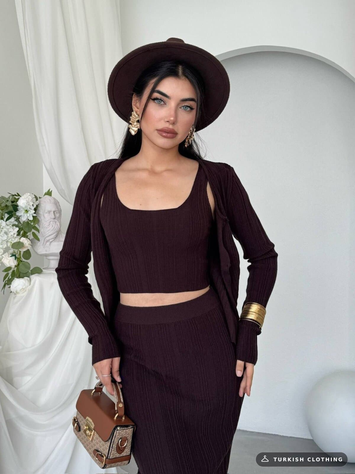 Fersa Triple Team — Brown in Knitwear – back view, wholesale Women's Dresses from Türkiye