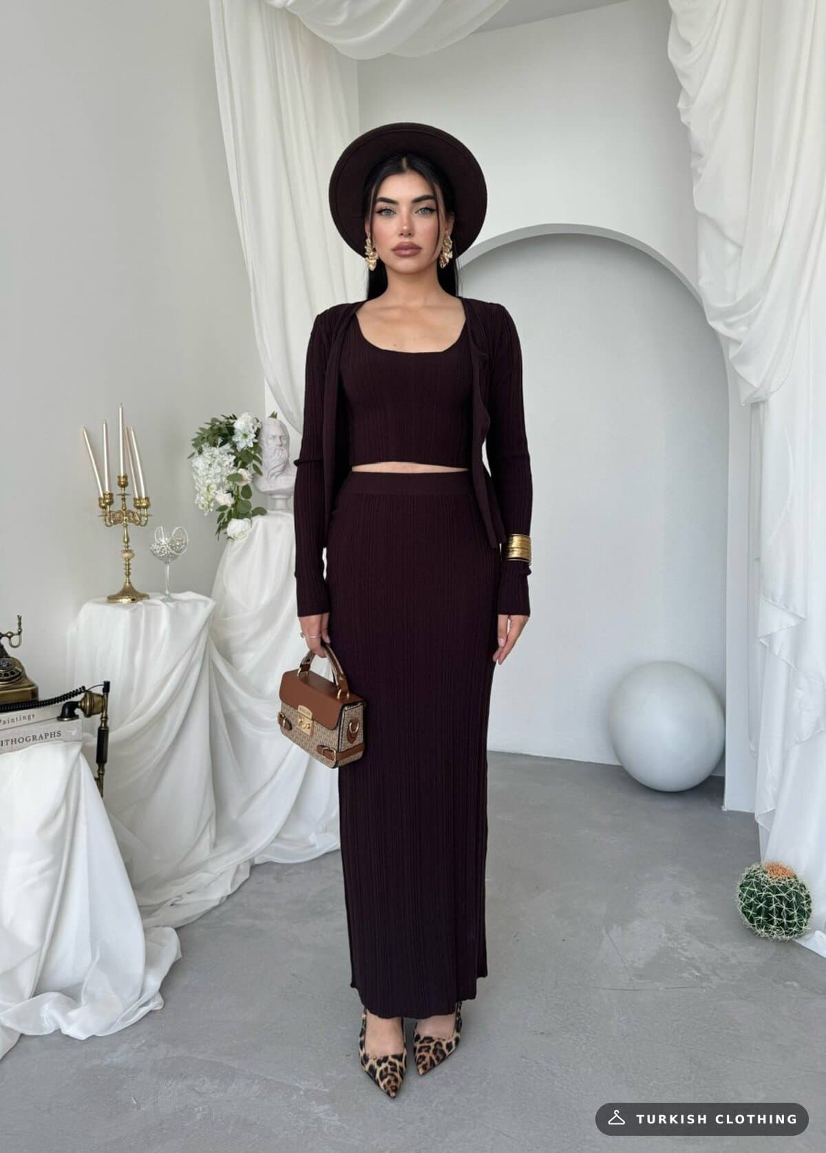 Fersa Triple Team — Brown in Knitwear – flat lay, wholesale Women's Dresses from Türkiye