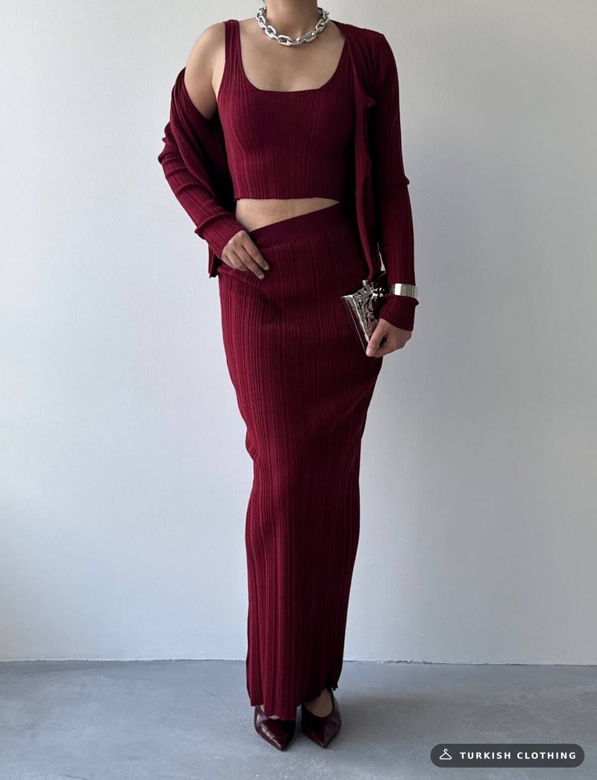Fersa Triple Team — Burgundy in Knitwear – back view, wholesale Women's Dresses from Türkiye