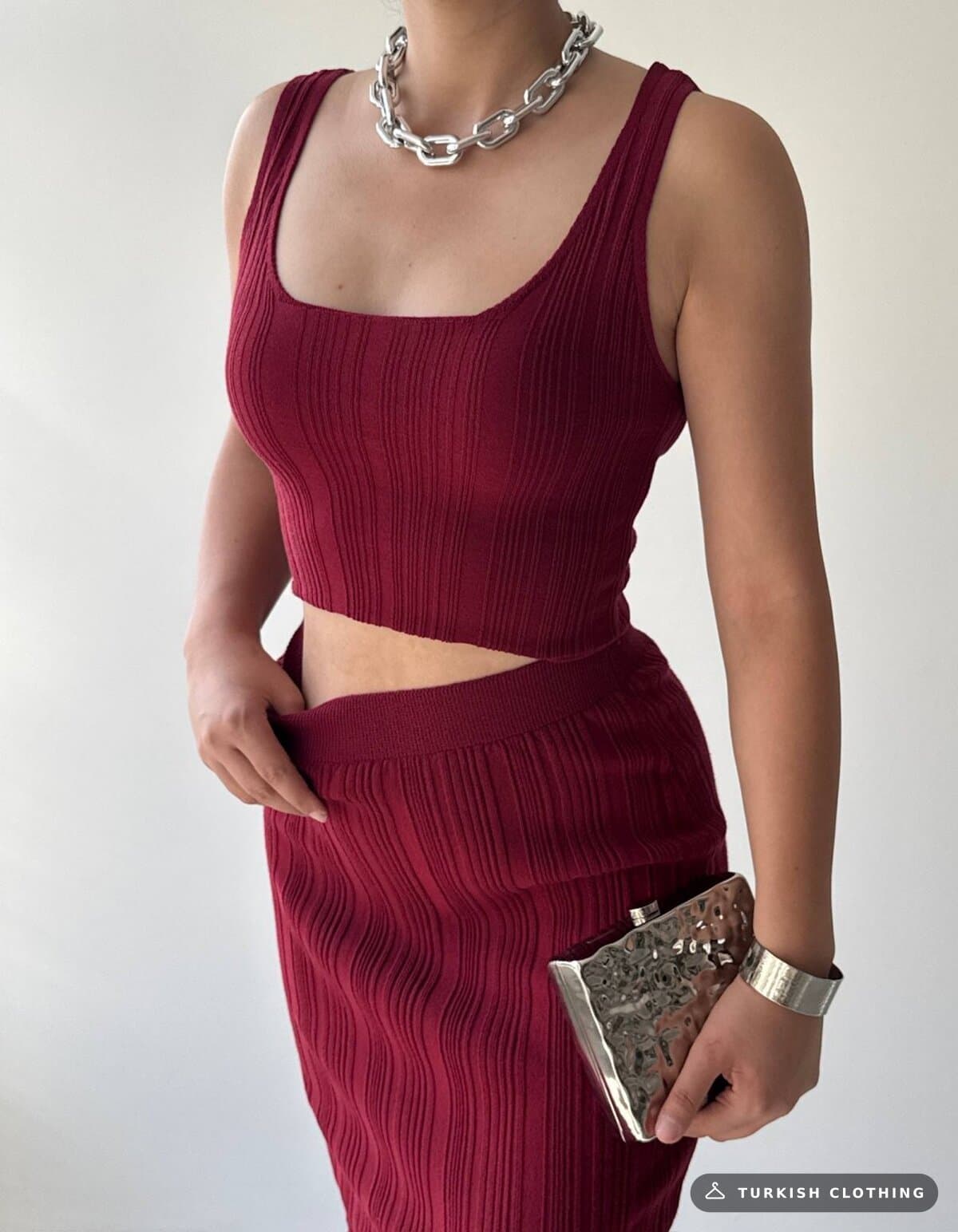 Fersa Triple Team — Burgundy in Knitwear – fabric detail, wholesale Women's Dresses from Türkiye
