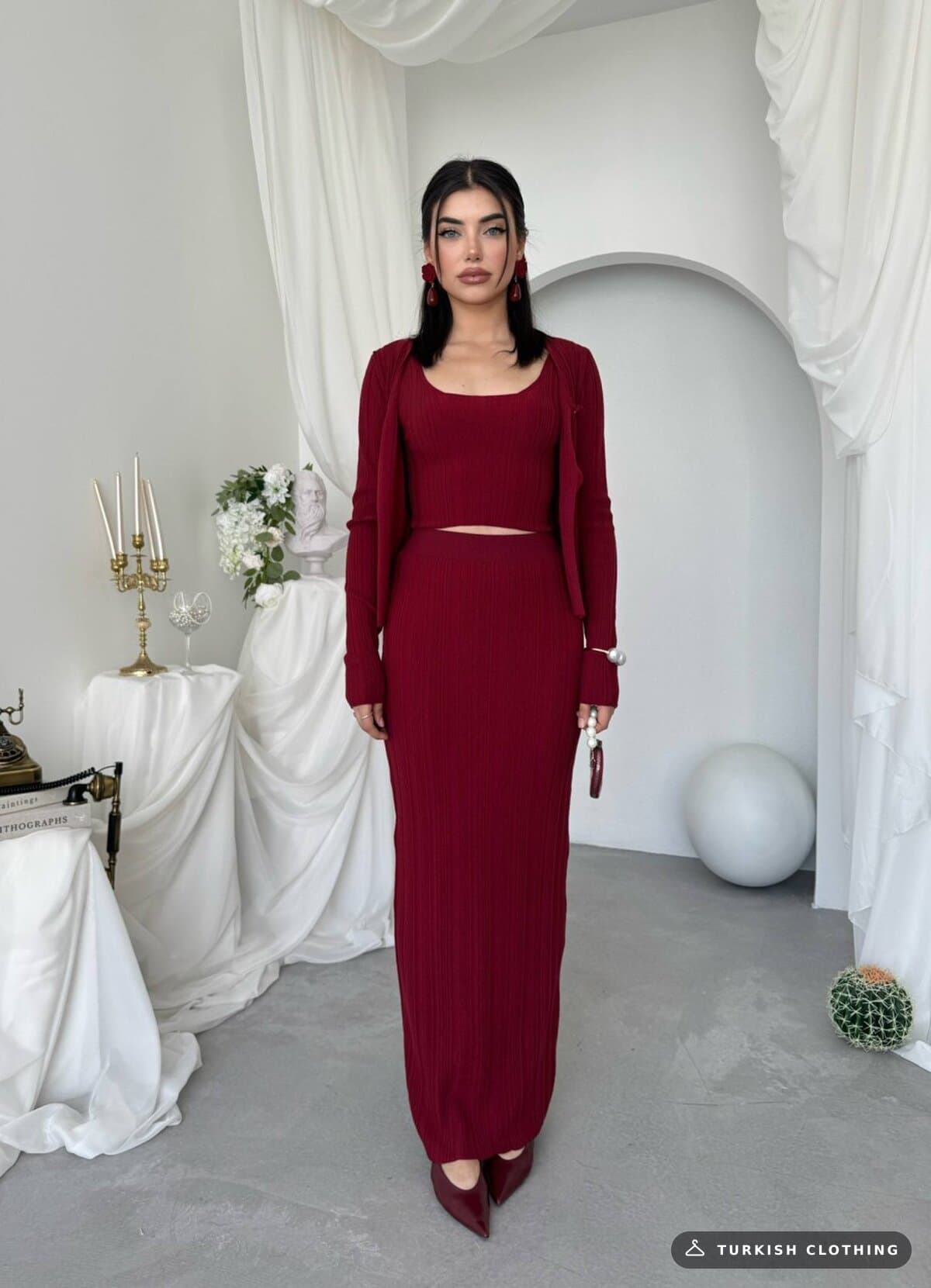 Fersa Triple Team — Burgundy in Knitwear – full-length view, wholesale Women's Dresses from Türkiye