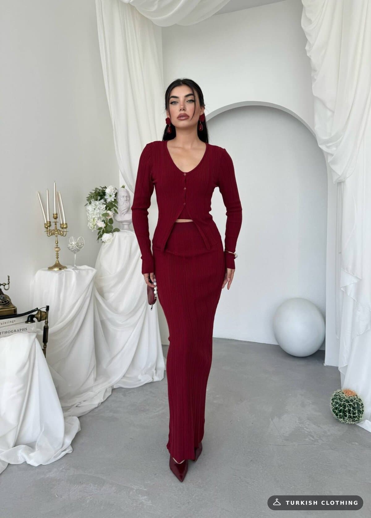 Fersa Triple Team — Burgundy in Knitwear – styling detail, wholesale Women's Dresses from Türkiye