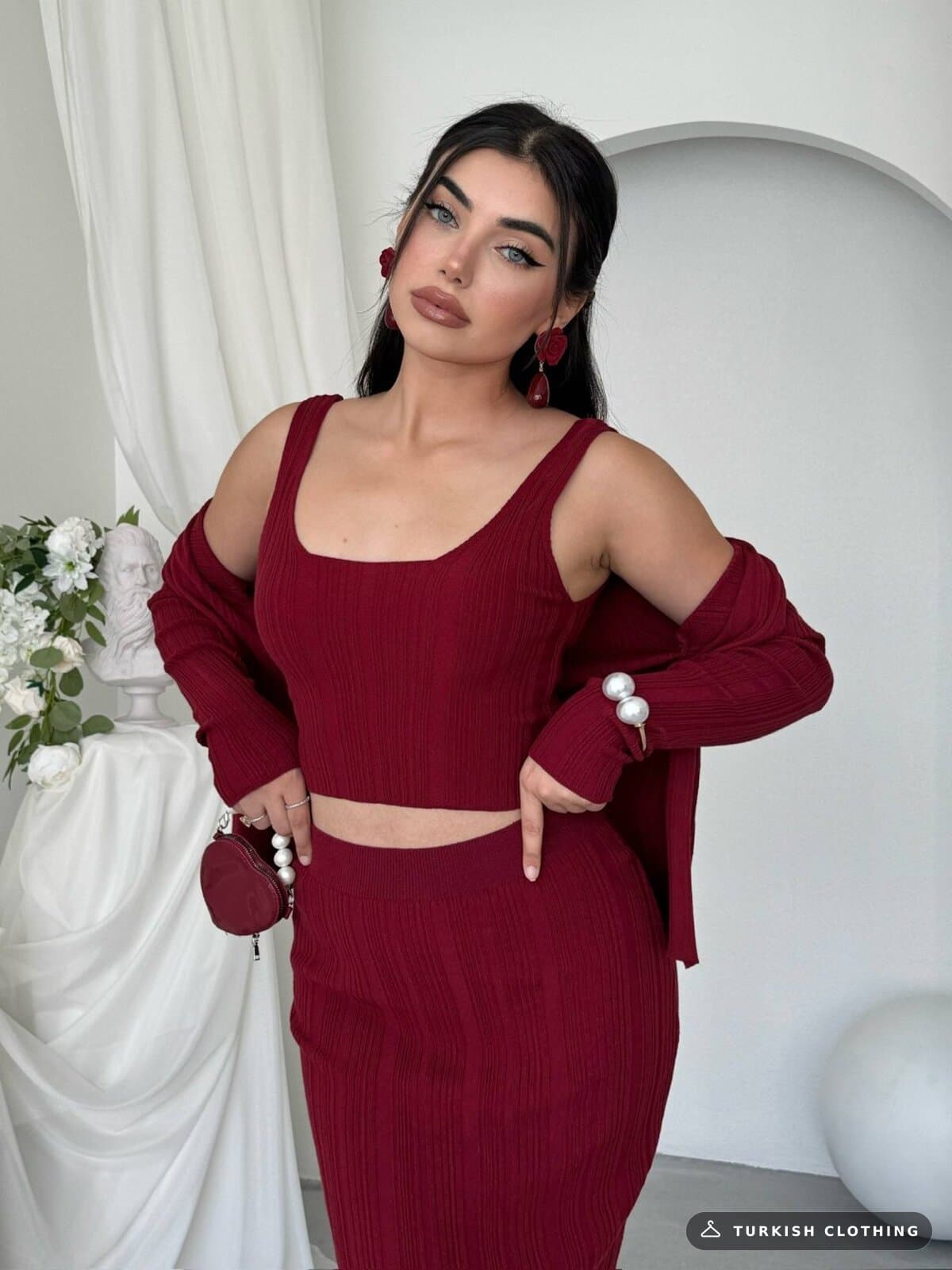 Fersa Triple Team — Burgundy in Knitwear – close-up detail, wholesale Women's Dresses from Türkiye
